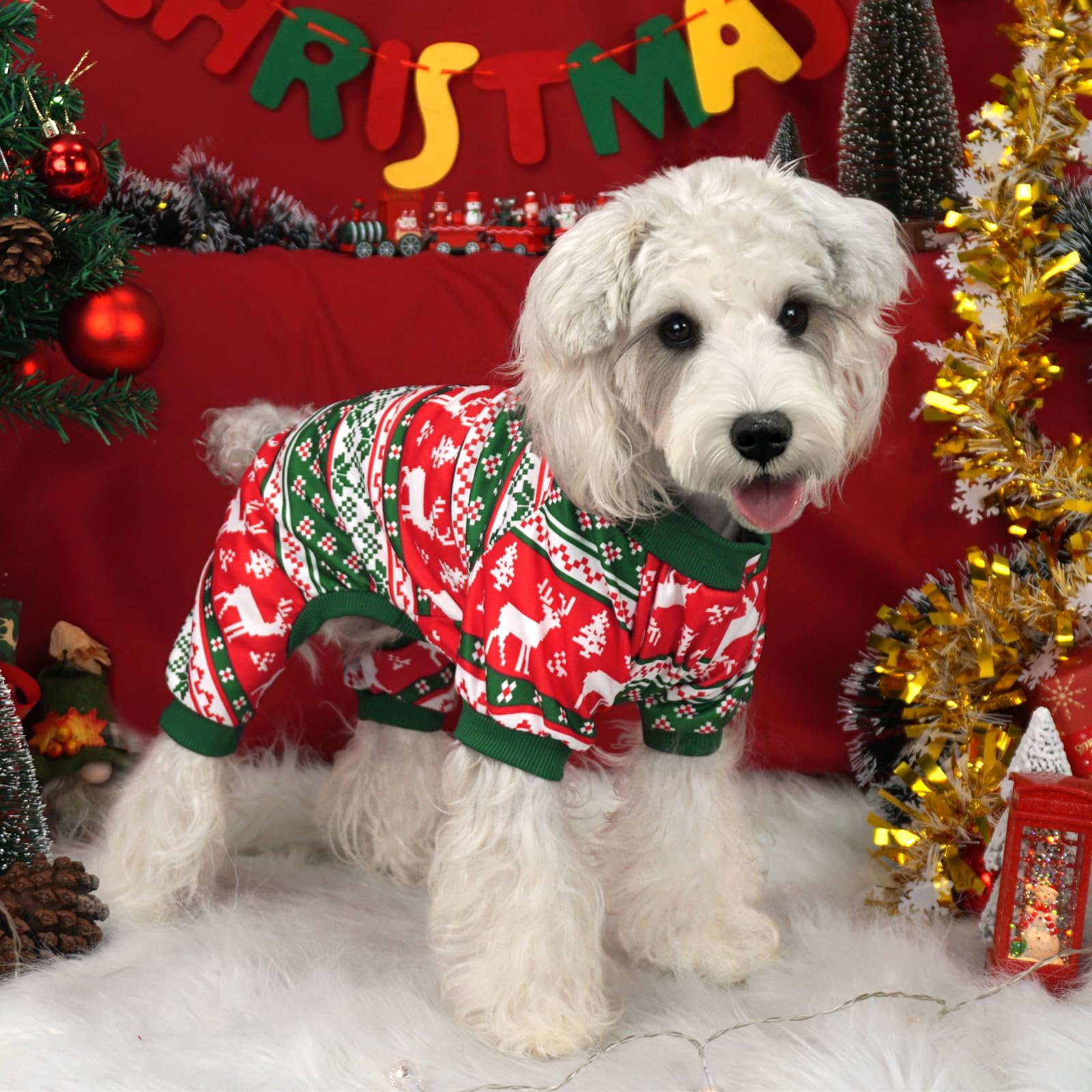 Xpudac 4 Pack Dog Christmas Pajamas Reindeer Puppy Clothes Cute Santa Claus Dog Pajamas Costumes Outfit Red Green Small 80-Lanlv-S