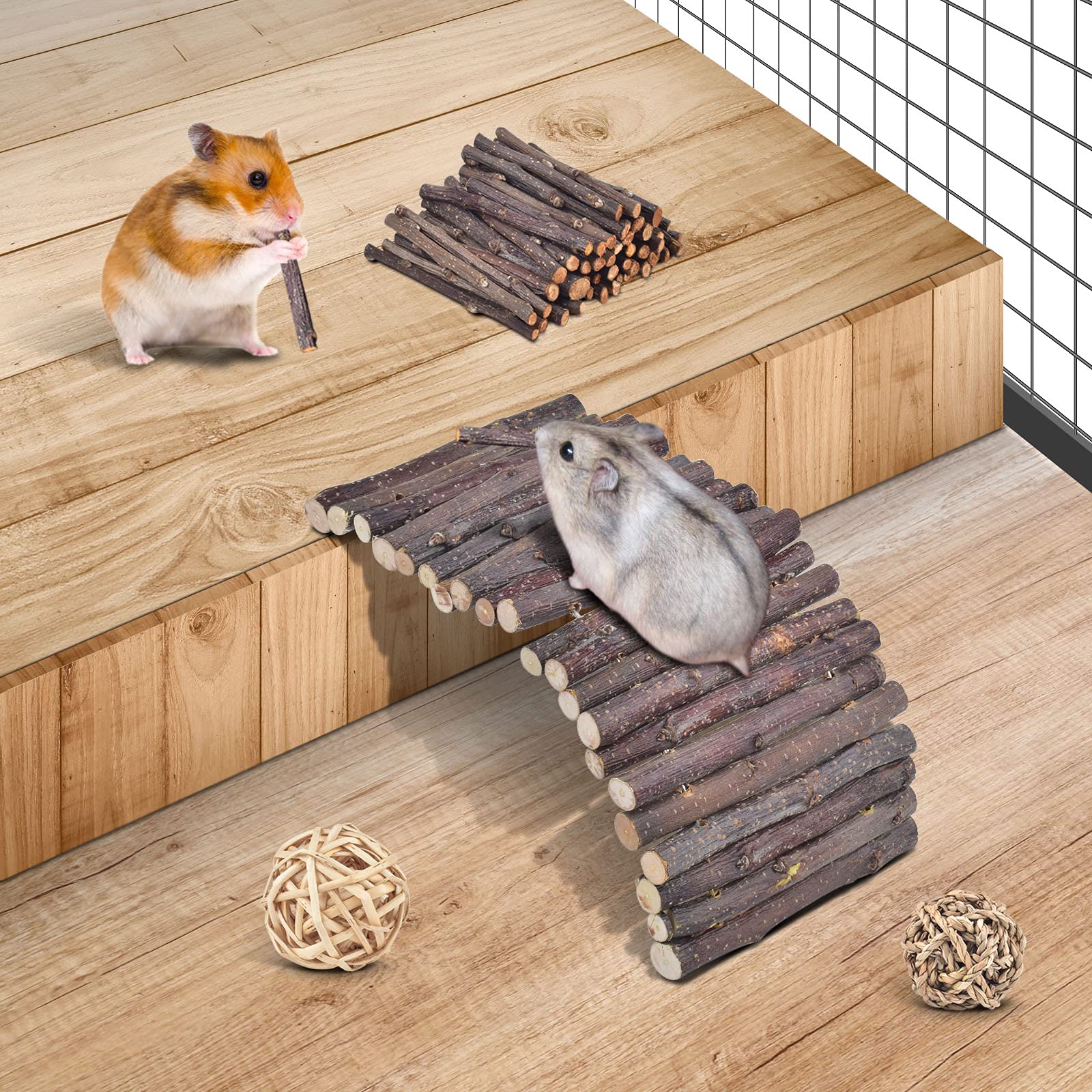 Erkoon 11 Pack Chinchillas Chew Toys, Toys Accessories For Teeth Care, Natural Apple Wood Ladder Bell Roller For Russian Hamster