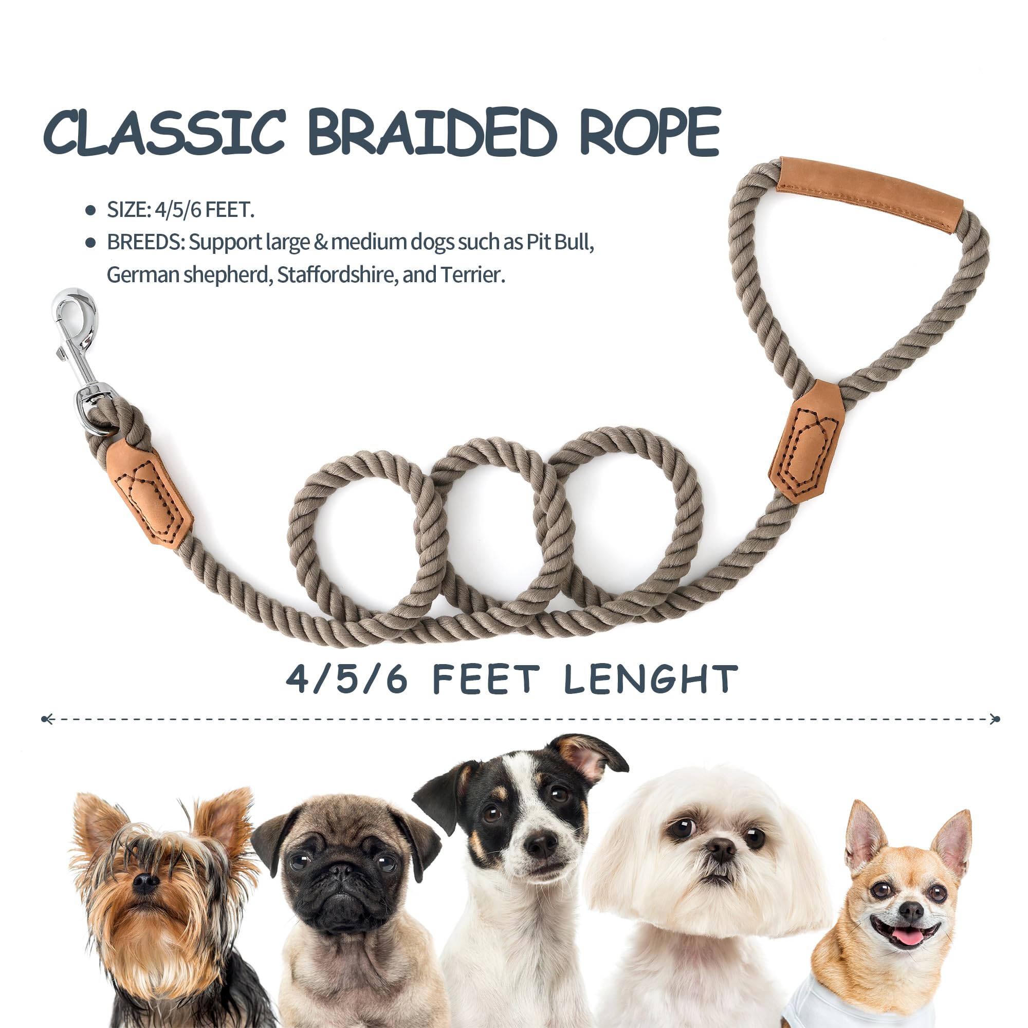 Mile High Life Dog Leash, Braided Cotton Rope Leashes With Leather Handle - Heavy Duty Metal Clasp, 4Ft, 1/2'' Thick - Wedding,