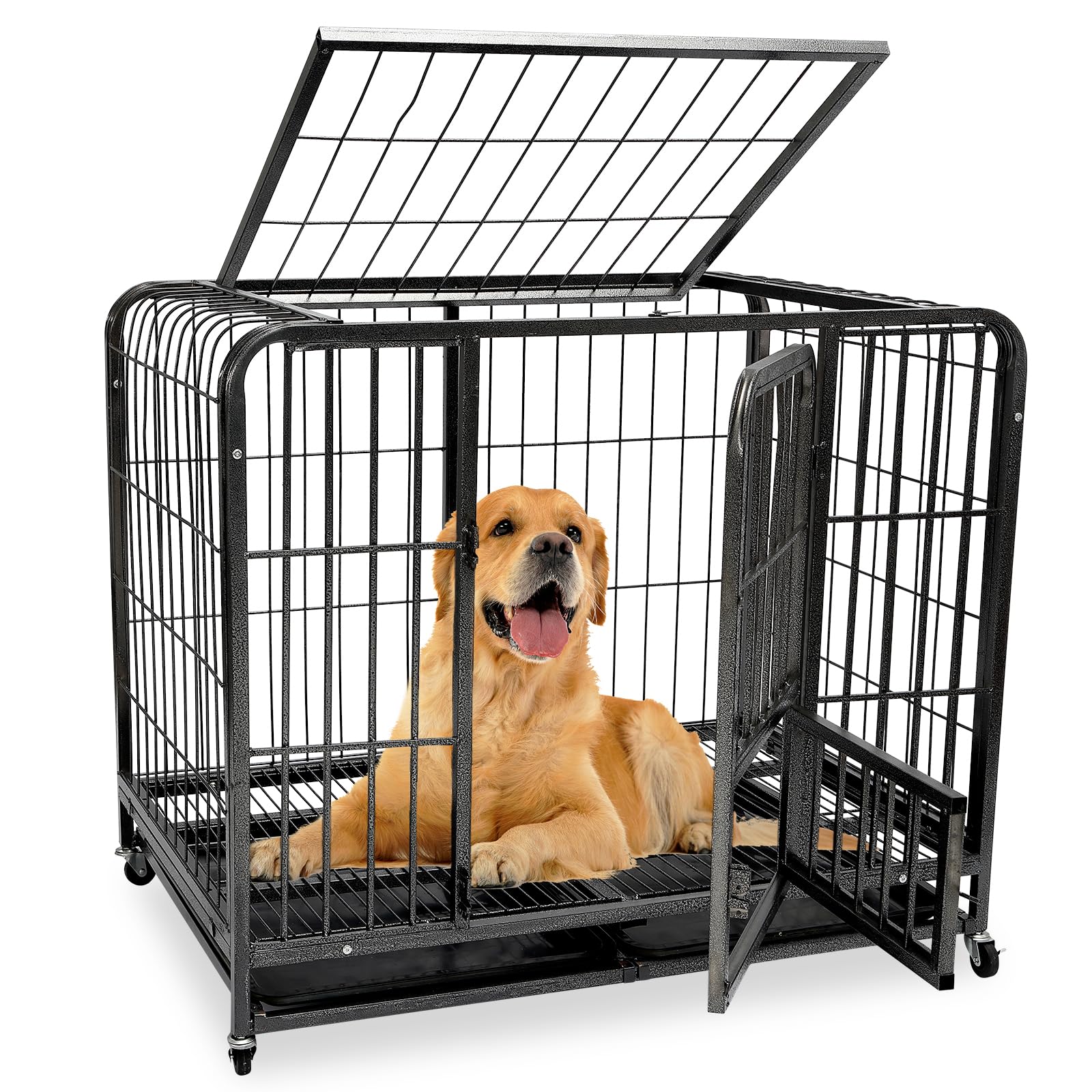 43.3Inch Indestructible Metal Dog Crates For Large Dogs, Heavy Duty Escape Proof Dog Kennel Indoor Extra Large Dog Crate With Lo