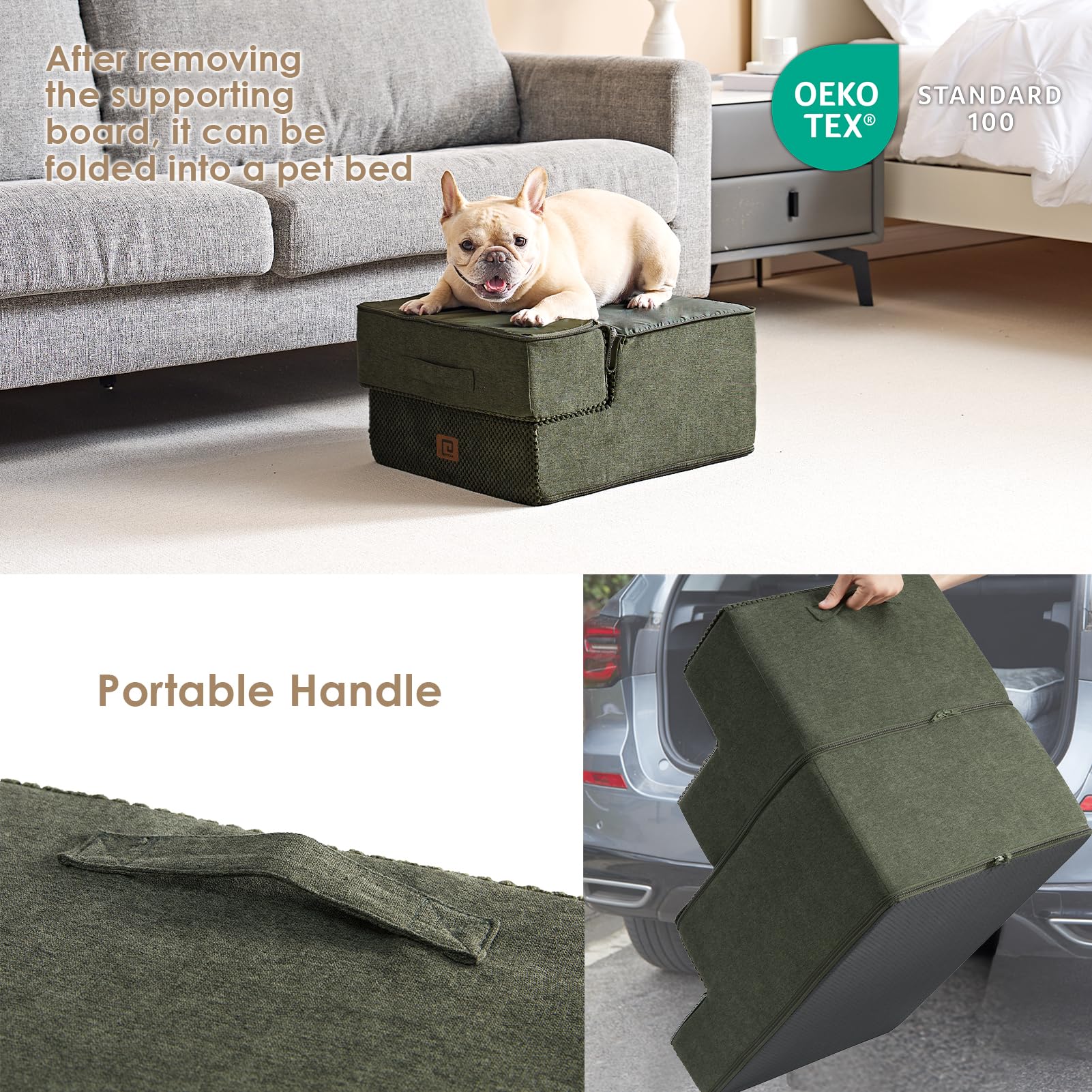 Eheyciga Dog Stairs For Small Dogs 13.5' H, 3-Step Dog Steps For Couch Sofa And Chair, Pet Steps For Small Dogs And Cats, Non-Slip Balanced Dog Indoor Ramp, Olive Green