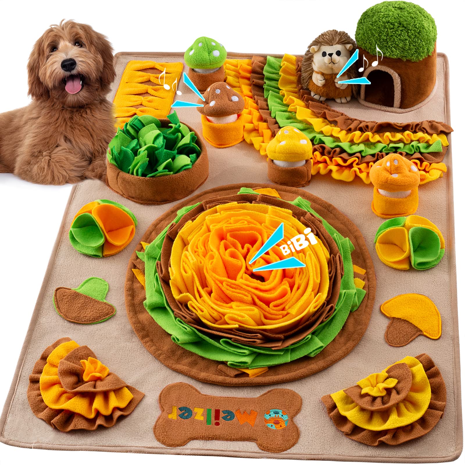 Meilzer Large Snuffle Mat for Dogs 40'' x 27.5'' Sniff Mat with Hedgehog Puzzle Toy Squeaky Mushrooms Interactive Toys Portable 