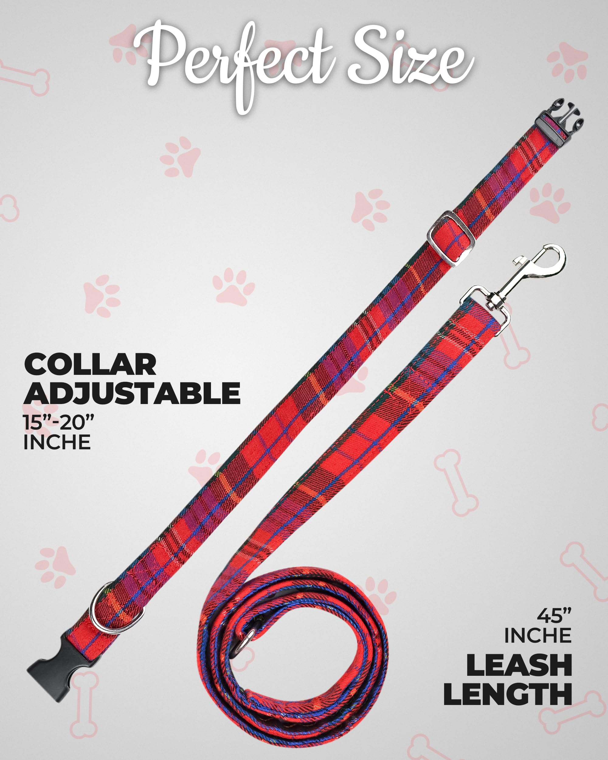 Dog Collar And Leash Set - Scottish Tartan Plaid Dog Bow Tie And Neckerchief, Tangle Free Leash Adjustable Collars Traditional S
