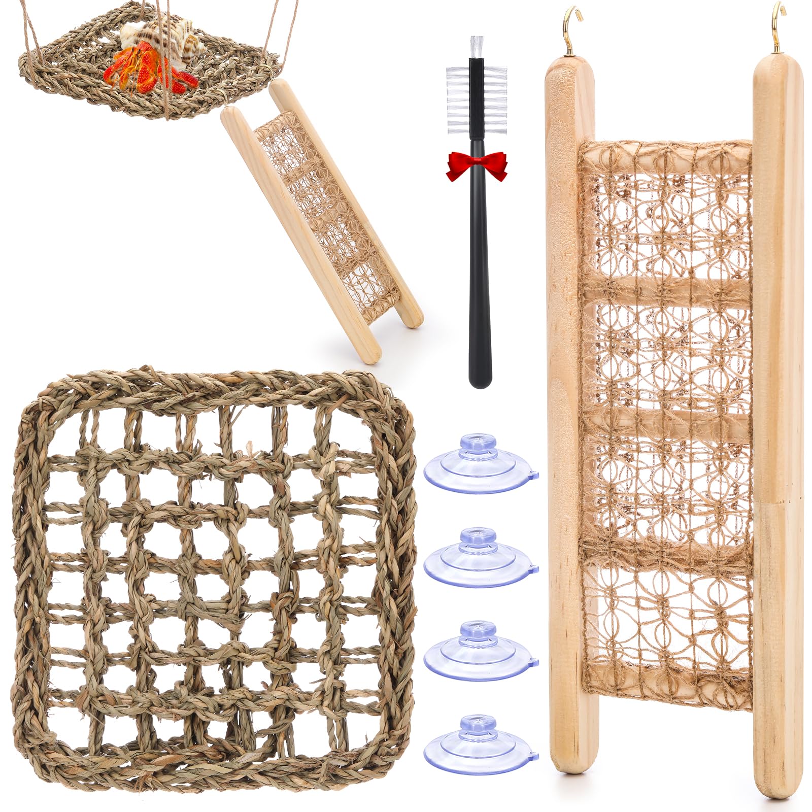 Chaleemang Hermit Crab Toys - Seagrass Hammocks And Ladder Bridges Set With Small Brush - Aquarium Accessories And Decorations F