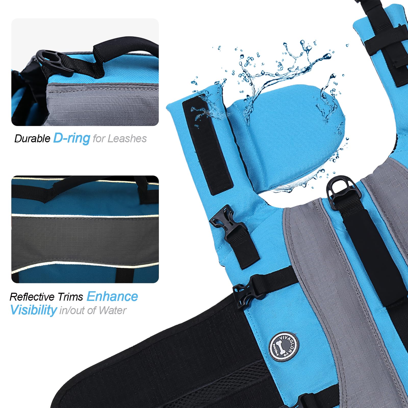 VIVAGLORY Dog Life Jacket with Removable Front Float, Life Vest with Reflective Trims & Extra Padding for Swimming & Boating, Sa