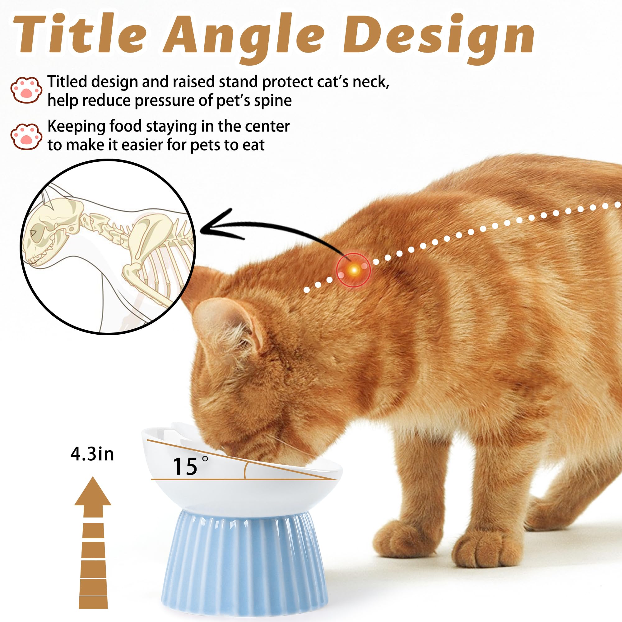 Wellbro Ceramic Raised Cat Bowl,Tilted Raised Cat Bowl Anti Vomit Cat Bowls For Indoor Cats Whisker Friendly Pet Feeder For Cats