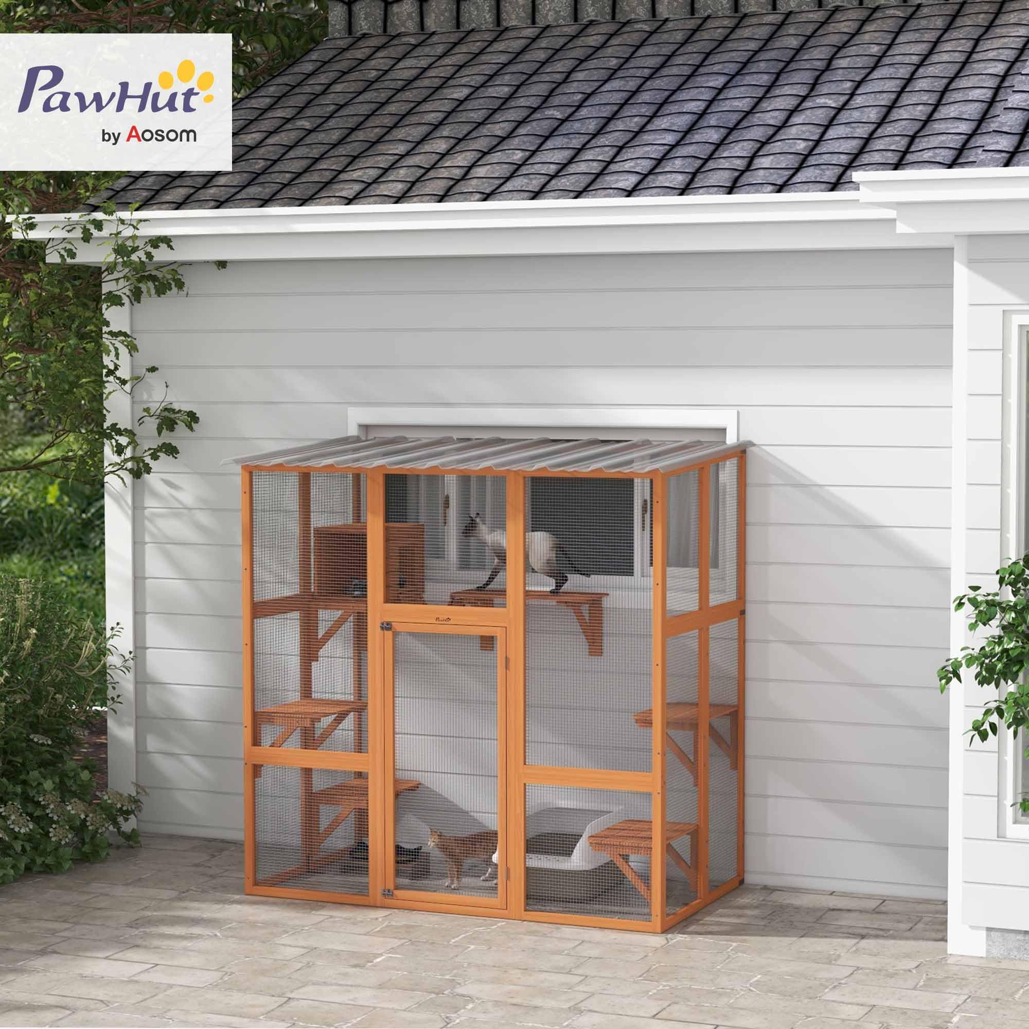 Pawhut Catio, Outdoor Cat Enclosure Window Box, Wooden Cat House Playground With Scratching Posts, Weather Protection Roof For 1