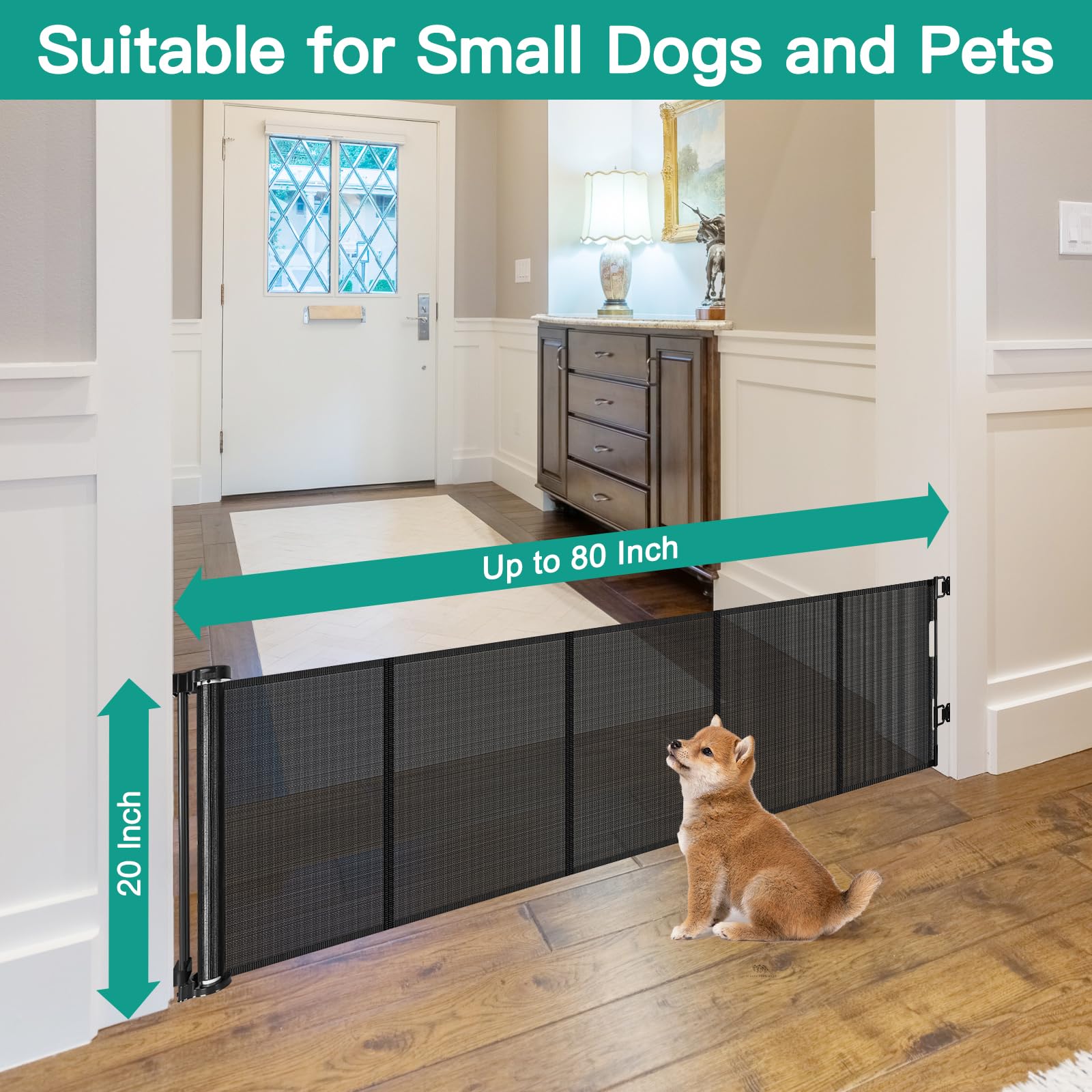 20 Inch Tall x 80 Inch Extra Wide Retractable Dog Gate to Step Over, Short Pet Gate for Doorways, Small Dog Gates Indoor Outdoor
