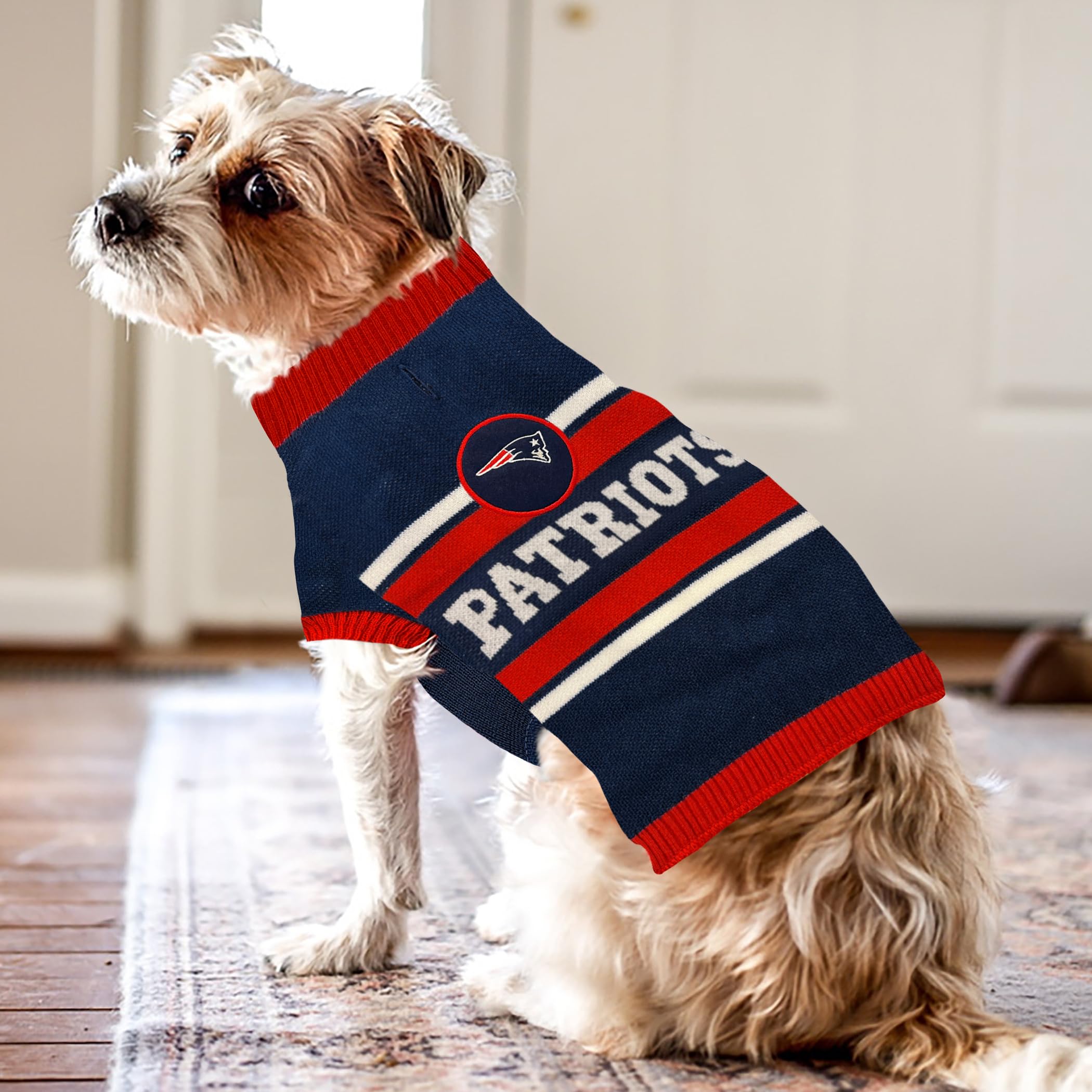 Nfl New England Patriots Dog Sweater, Size Small. Warm And Cozy Knit Pet Sweater With Nfl Team Logo, Best Puppy Sweater For Larg