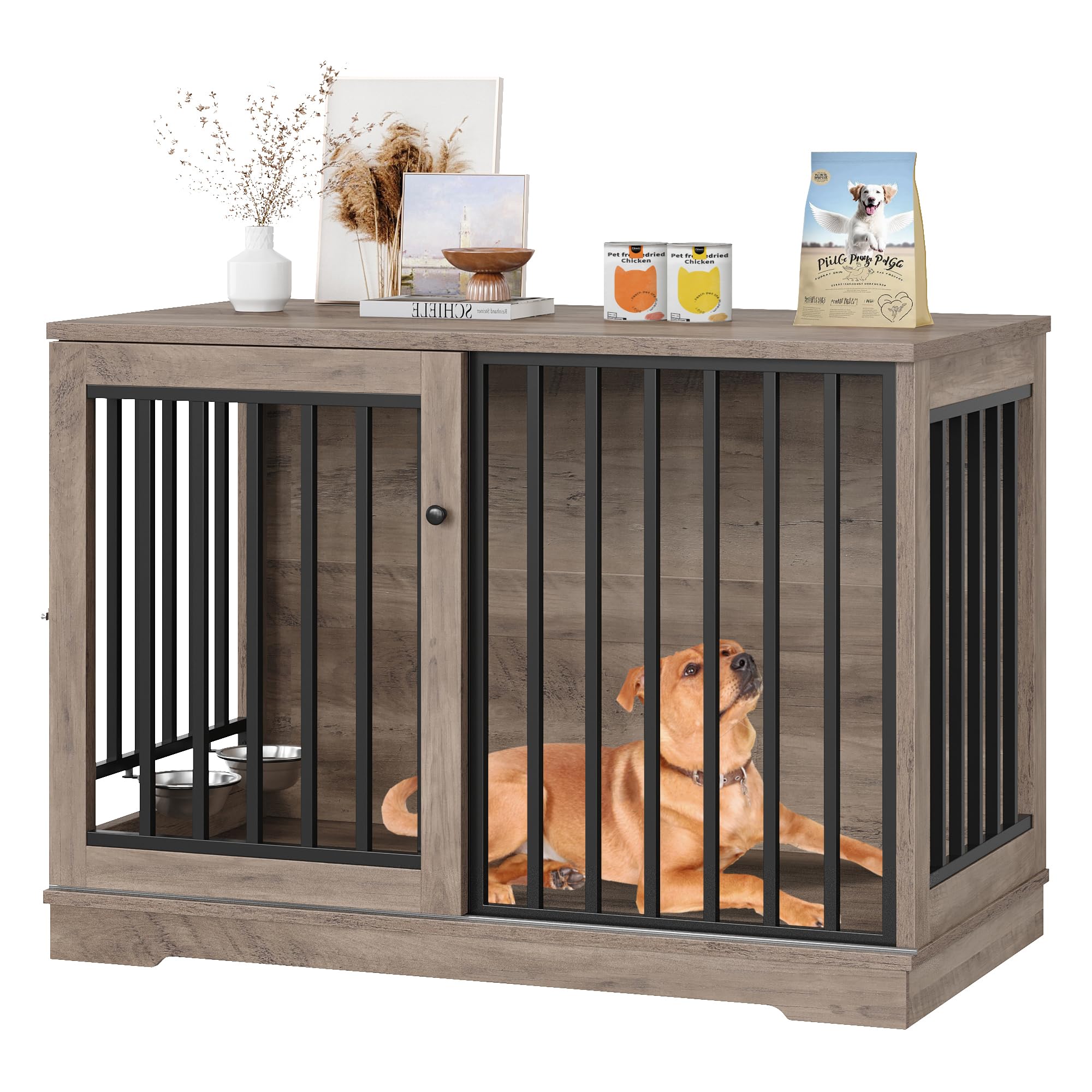 Dog Crate Furniture 47    Large Dog Kennel For Dogs Indoor, Heavy Duty Dog Cage With Sliding Door And 2 Sus Bowls Wooden End Tab