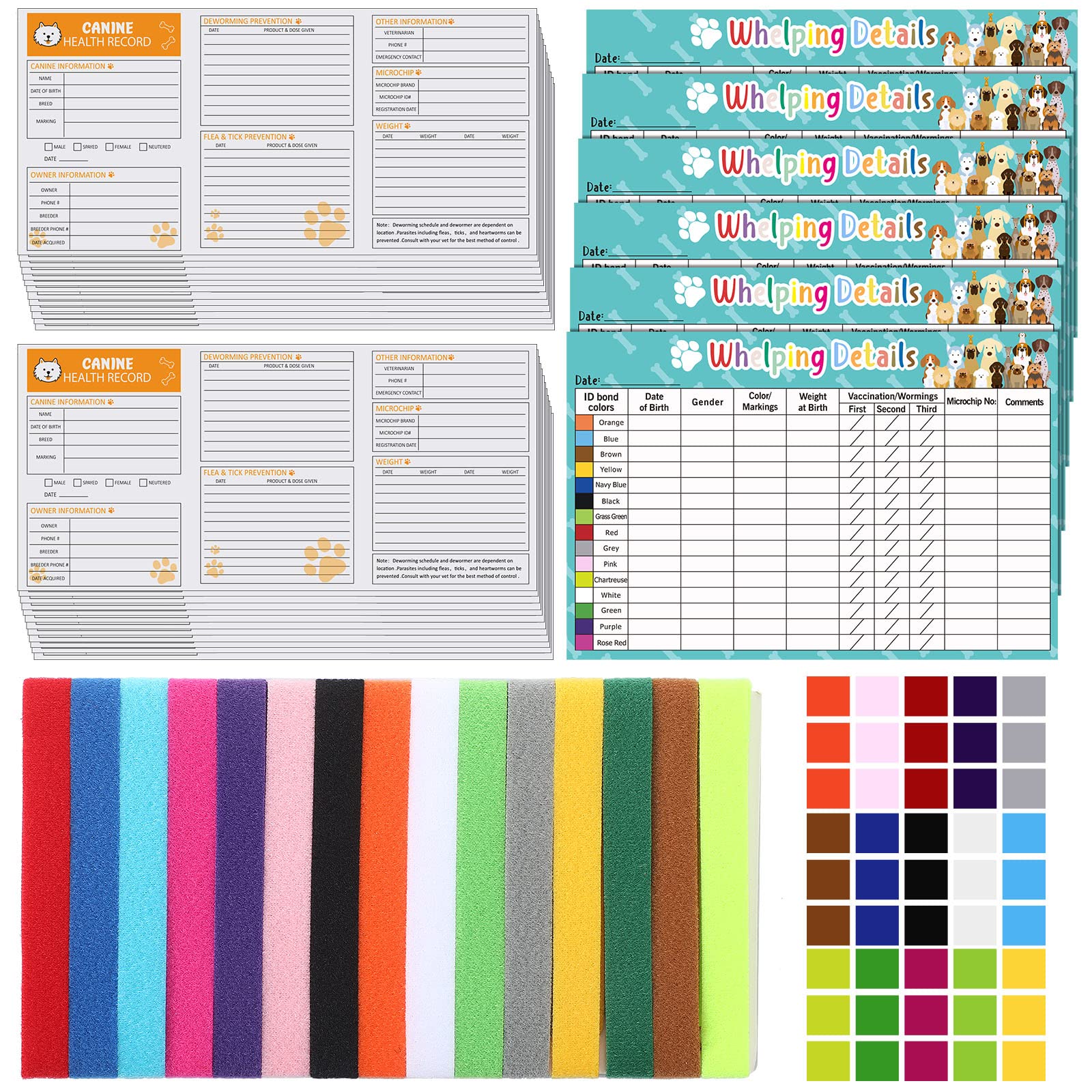 47 Pcs Newborn Puppy Collars Kit Includes 15 Pcs Puppy Whelping Collars Super Soft Nylon Adjustable Whelping ID Bands with Color