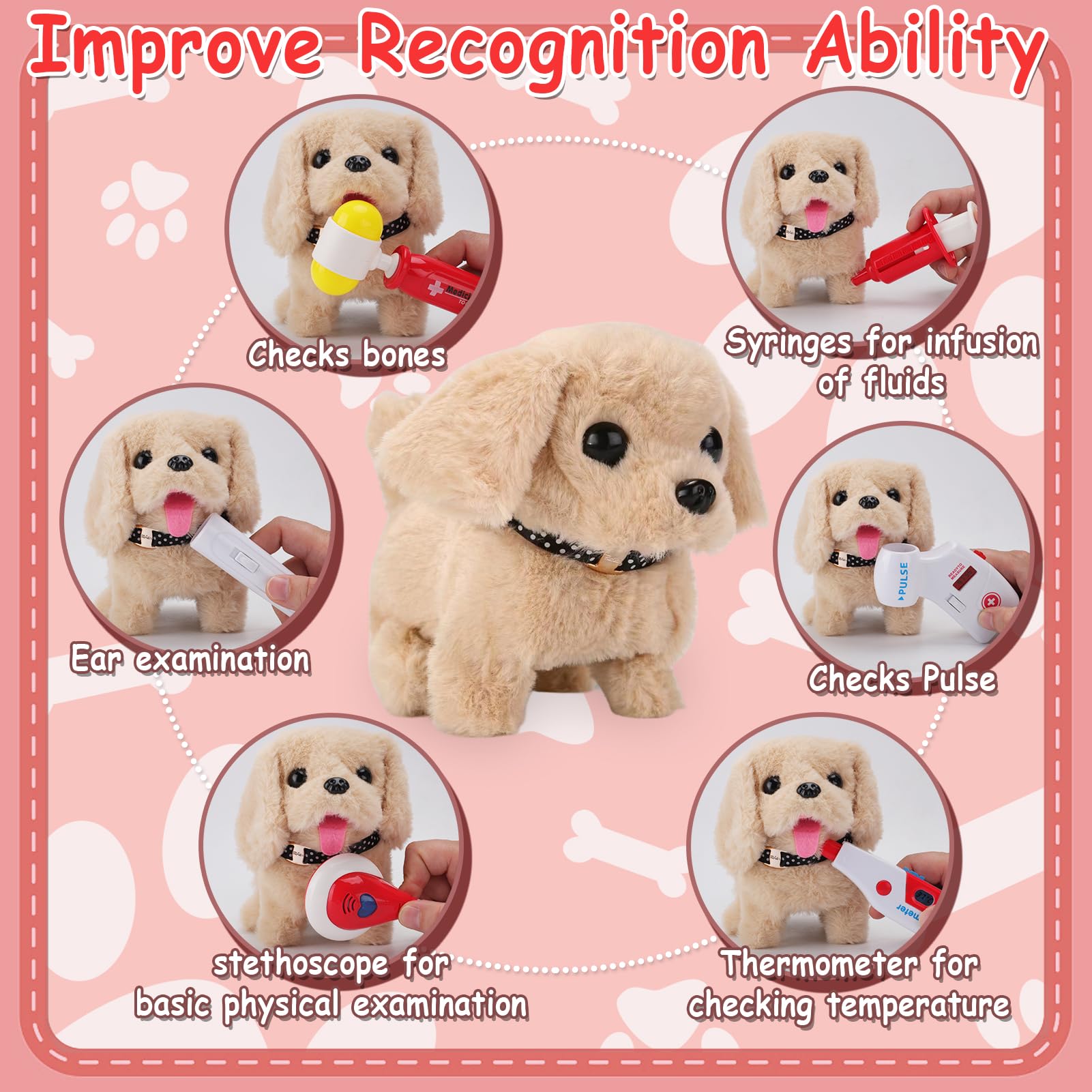 TEUVO Toy Doctor Kit for Girls - Pretend Play Doctor Sets with Dog Toy, Carrying Bag, Stethoscope Toy & Dress Up Costume - Docto