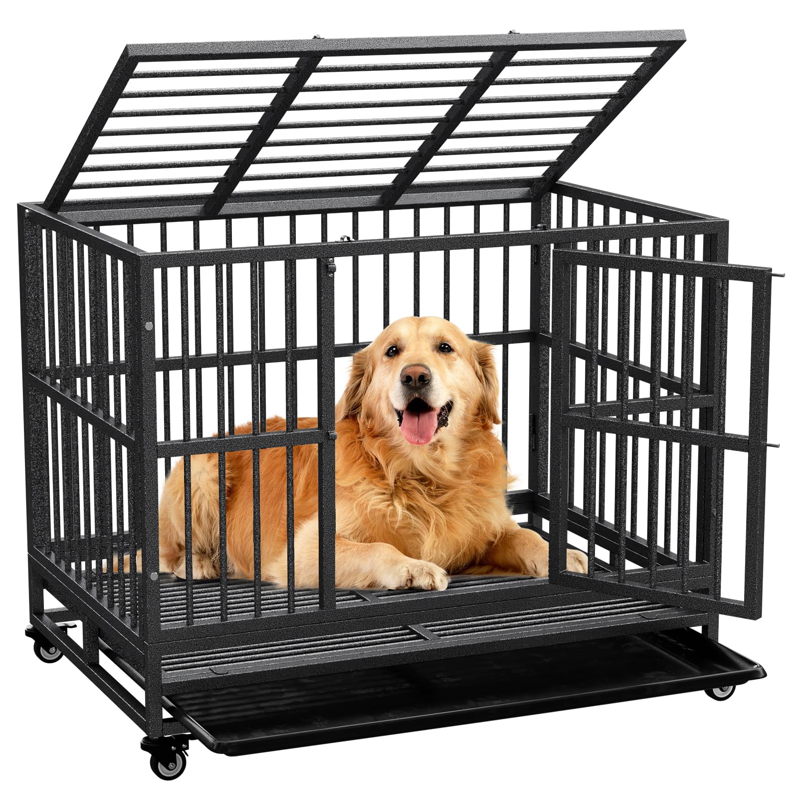TCMOT Dog Crate with Removable Tray, 37/42/46 Inch Indestructible and Escape Proof Steel Dog Cage Kennel for High Anxiety Dogs, 