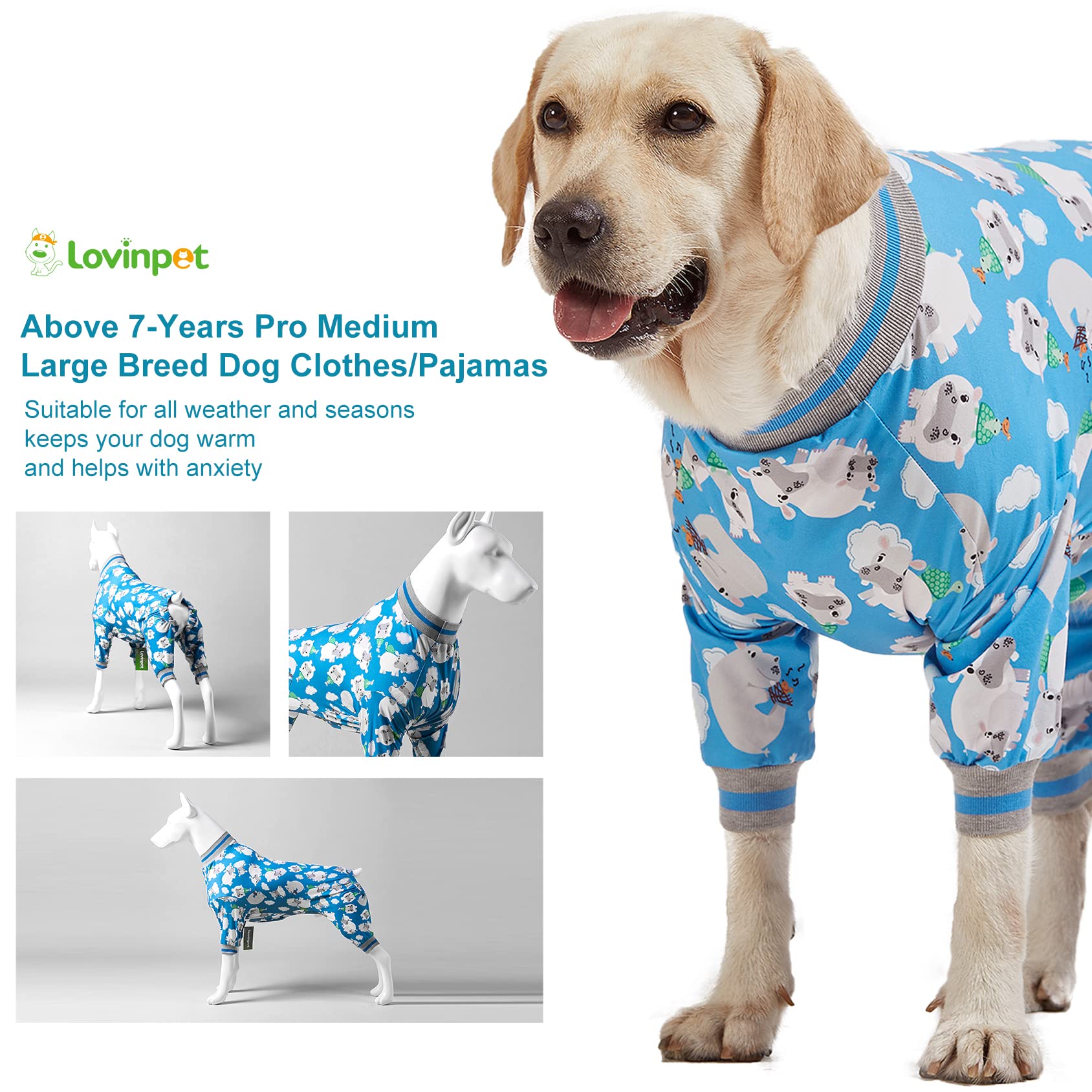 Lovinpet Dog Onesie Large Breed/Cozy Dog Pajamas, Slim Fit, Lightweight Pullover/Full Coverage Dog Pjs/Happy Hippo Blue Print/Large Breed Dog Pjs/Large