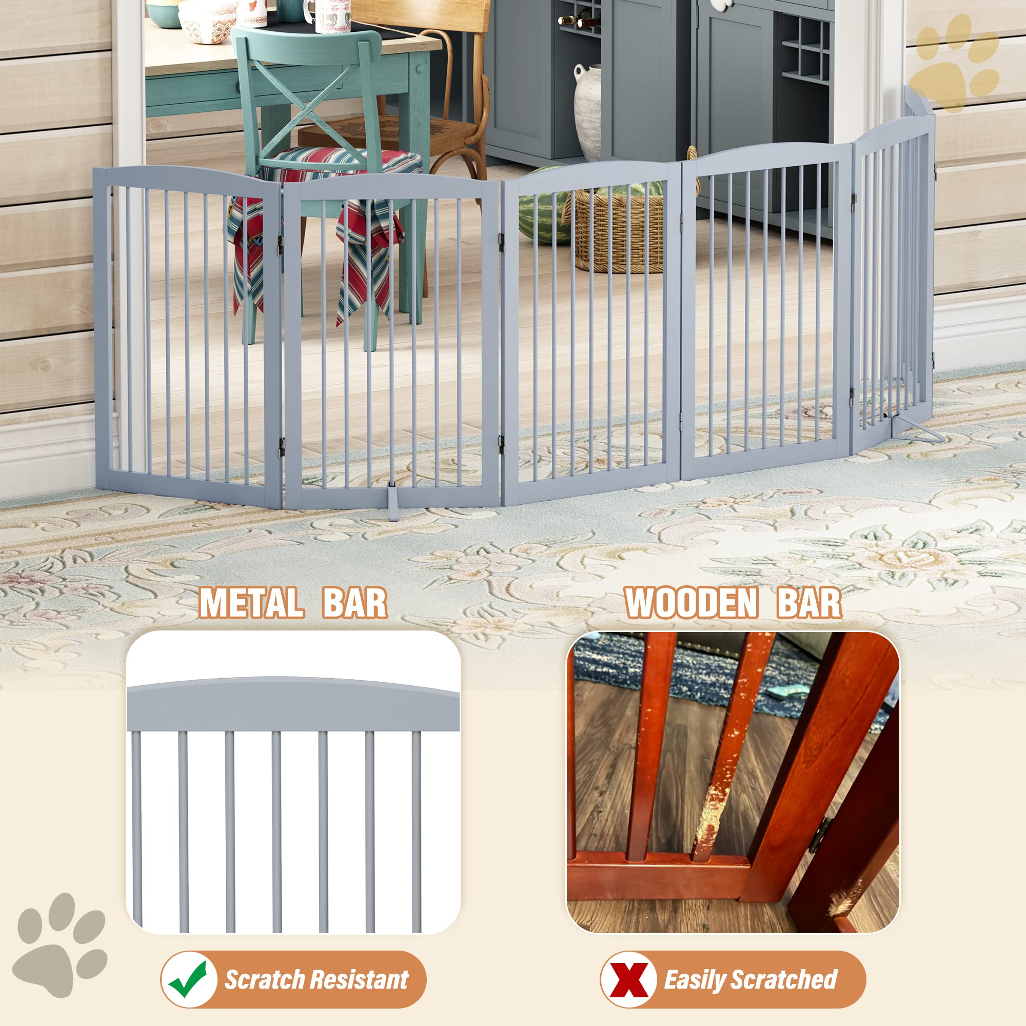 Pupetpo Freestanding Pet Gate For Dogs, Indoor Wooden Dog Gate For House, Extra Wide Dog Gate, Foldable Dog Gate For Stairs, Doorways, Halls, Support Feet Included, 120 Inch Wide, 6 Panels 32', Grey
