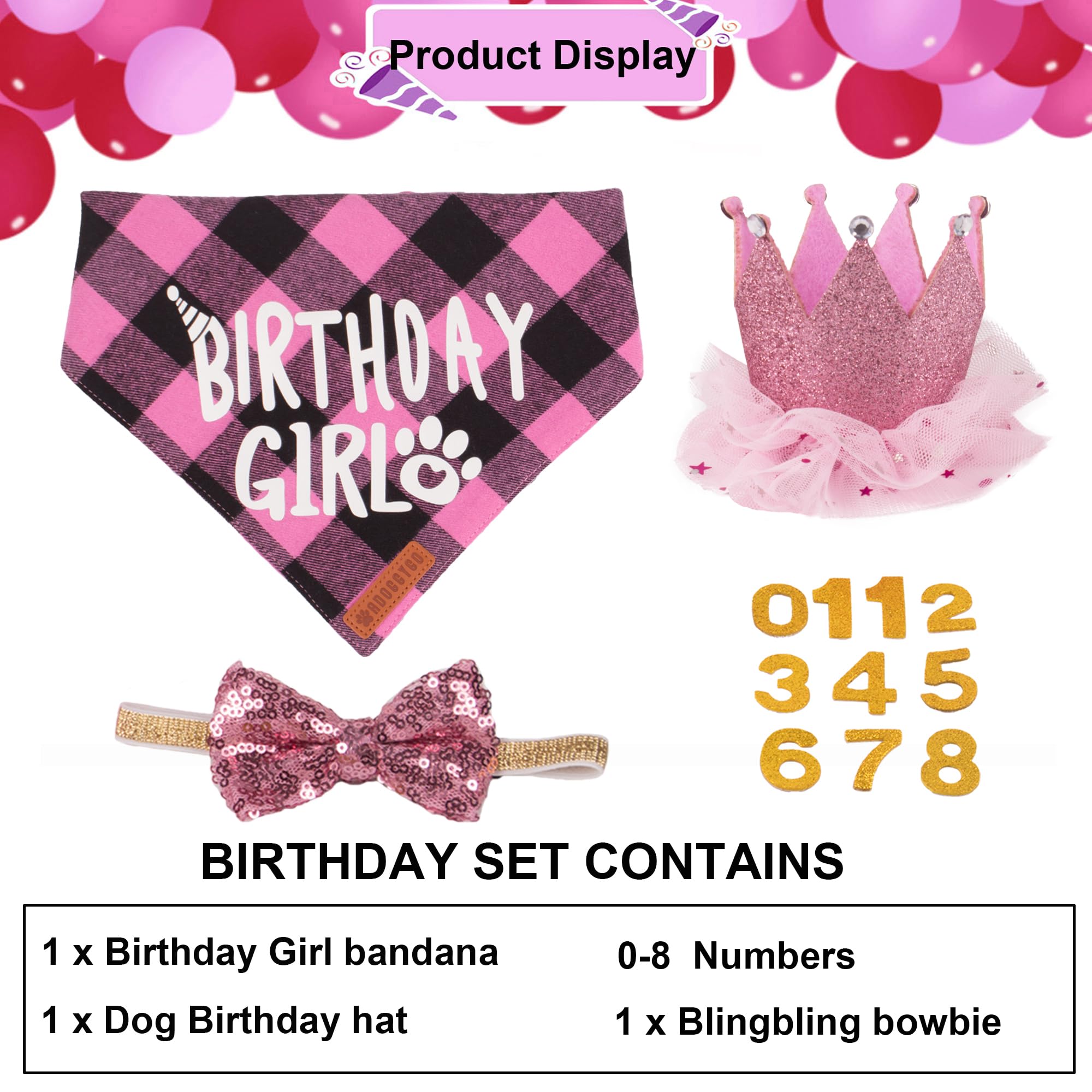 Adoggygo Cat Birthday Party Supplies, Birthday Girl Plaid Kitten Bandana, Pink Cat Party Hat With Numbers, Bowtie (Pink)