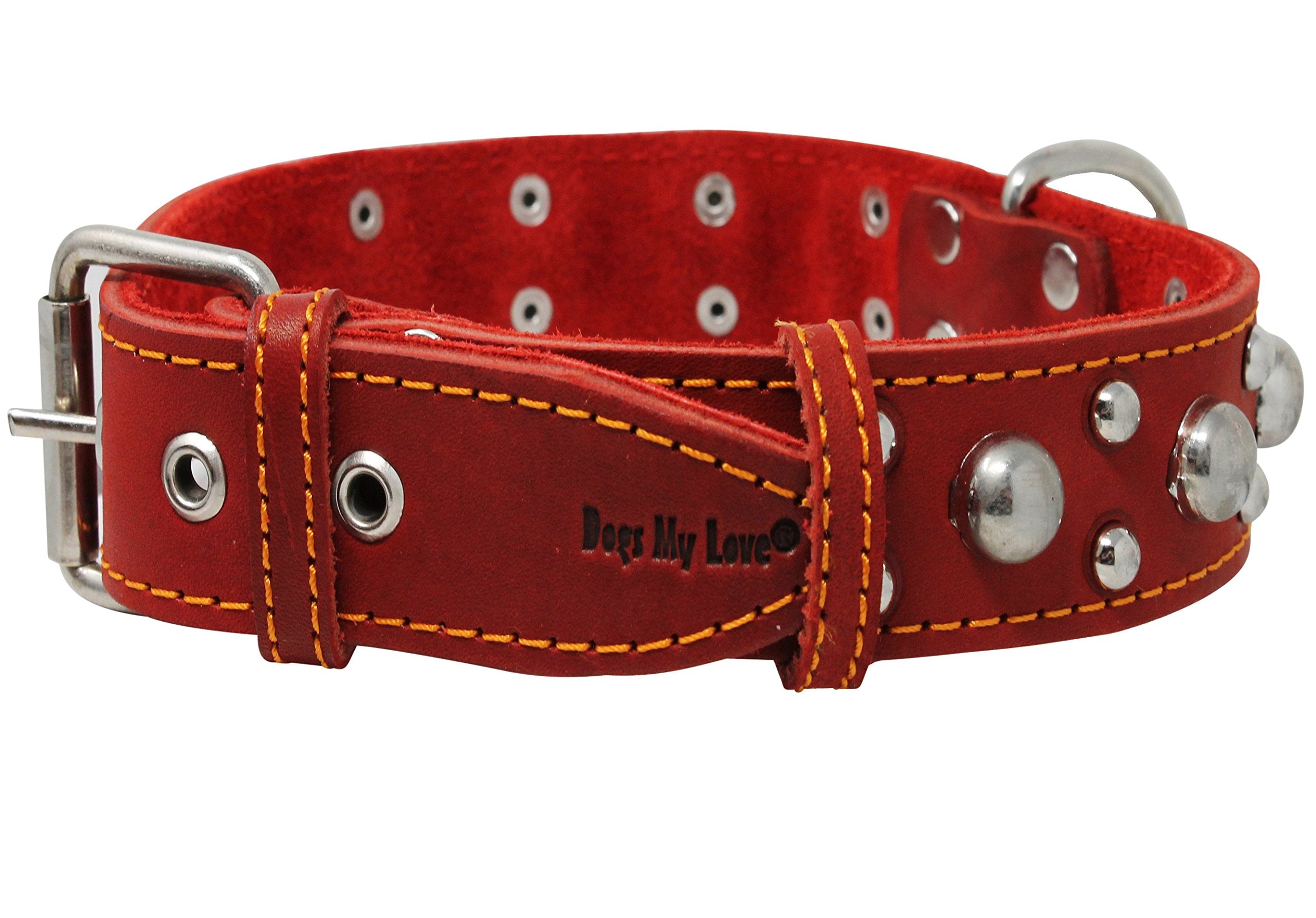 Red Real 1.5 Wide Thick Leather Studded Dog Collar. Fits 17-21.5 Neck, Large Breeds.