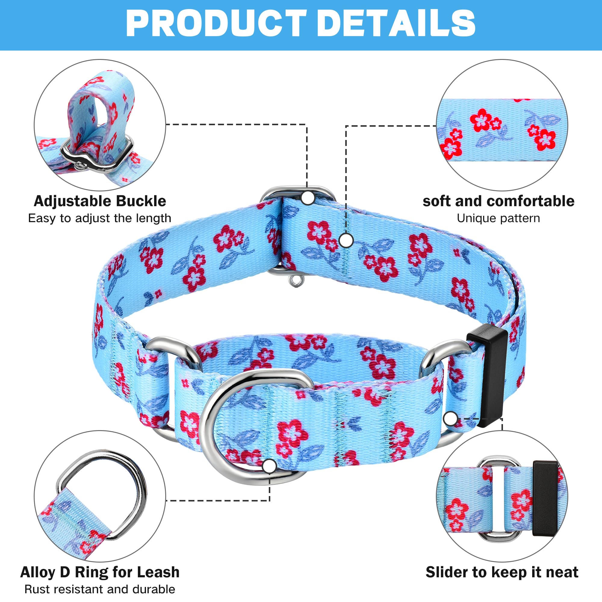 Hikiko Martingale Dog Collar With No Buckle Cute Girl Flower Dog Collars Comfortable Nylon Choke Collar For Medium Dogs,Light Bl