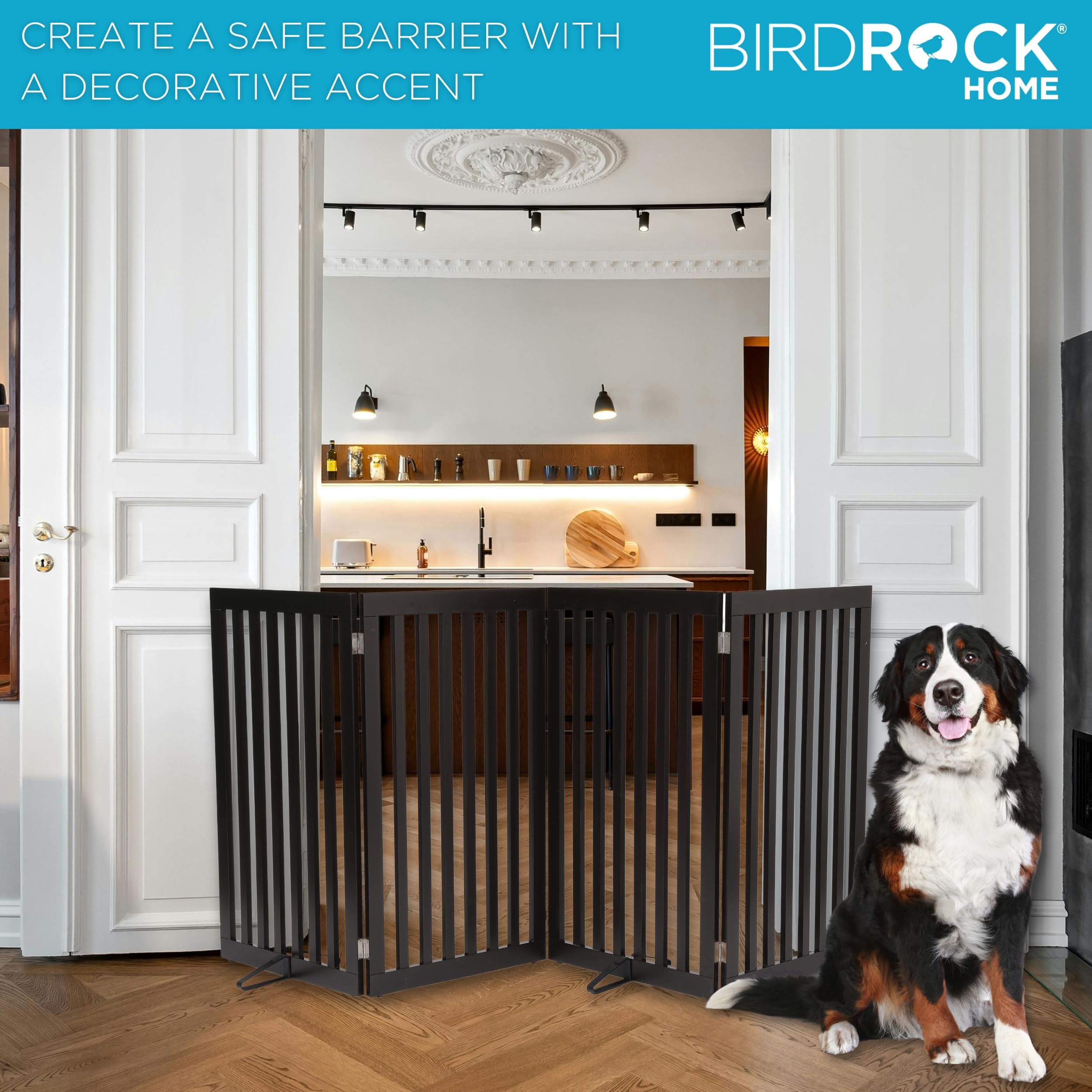 INTERNETS BEST Dog Gate with Support Feet, Indoor Freestanding Pet Barrier, Folding Wood Cat or Dog Fence, Extra Wide Doorway P
