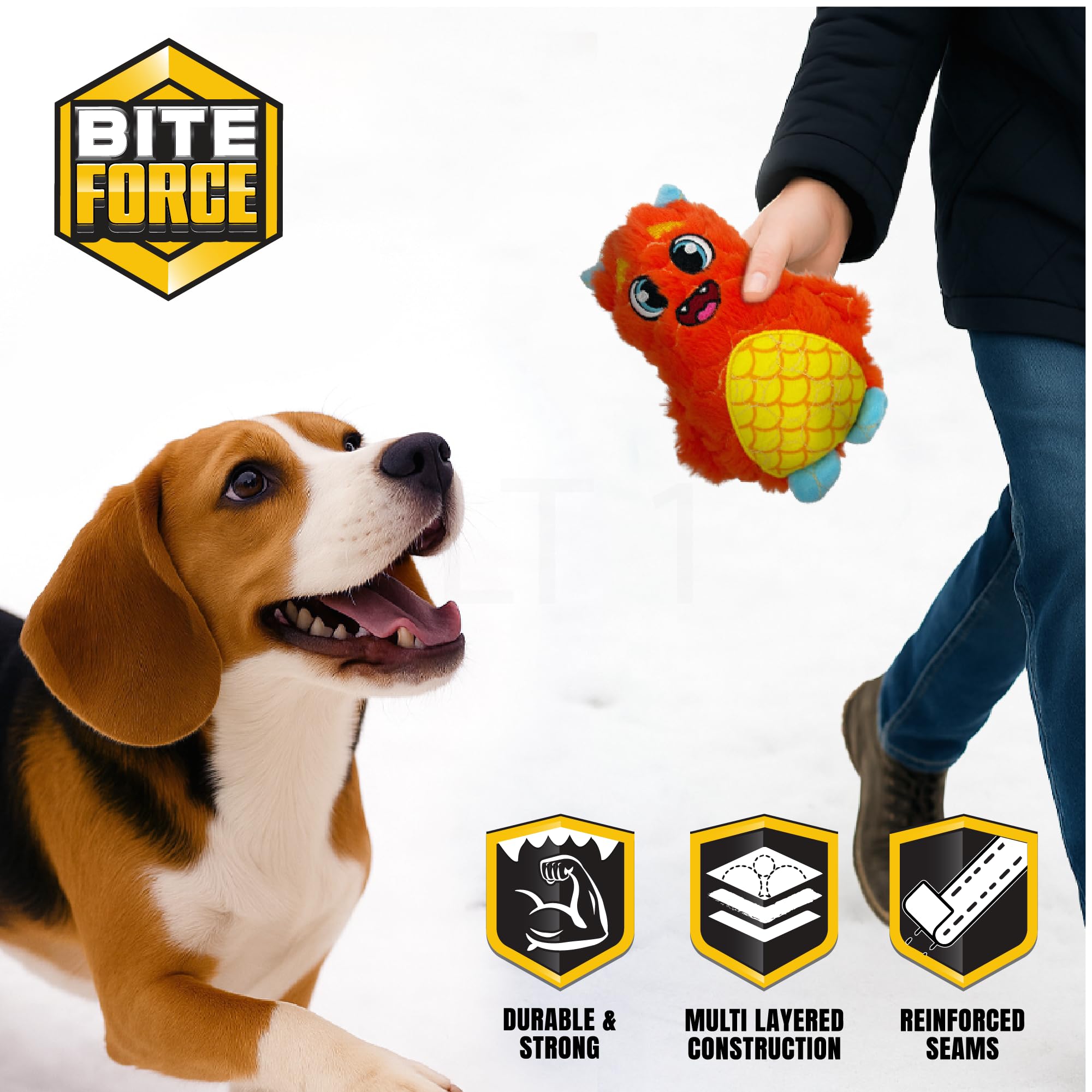Bite Force - Durable & Strong Dog Toy Orange Monster with Squeaker, Kevlar-Reinforced for Aggressive Chewers.