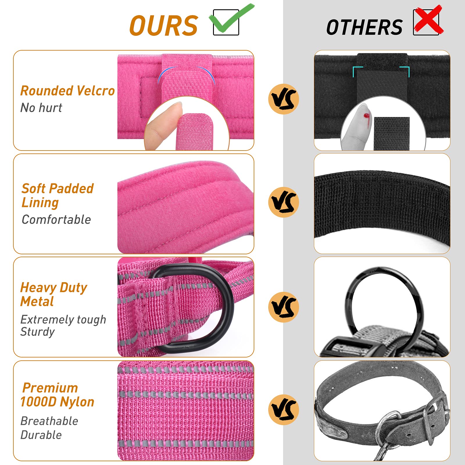 Aubell Reflective Dog Collar, Tactical Dog Collar Adjustable Military Nylon Collars With Handle And Heavy Duty Metal Buckle For Medium Large Dogs, With 2 Patches And Airtag Case Holder (Hotpink, Xl)