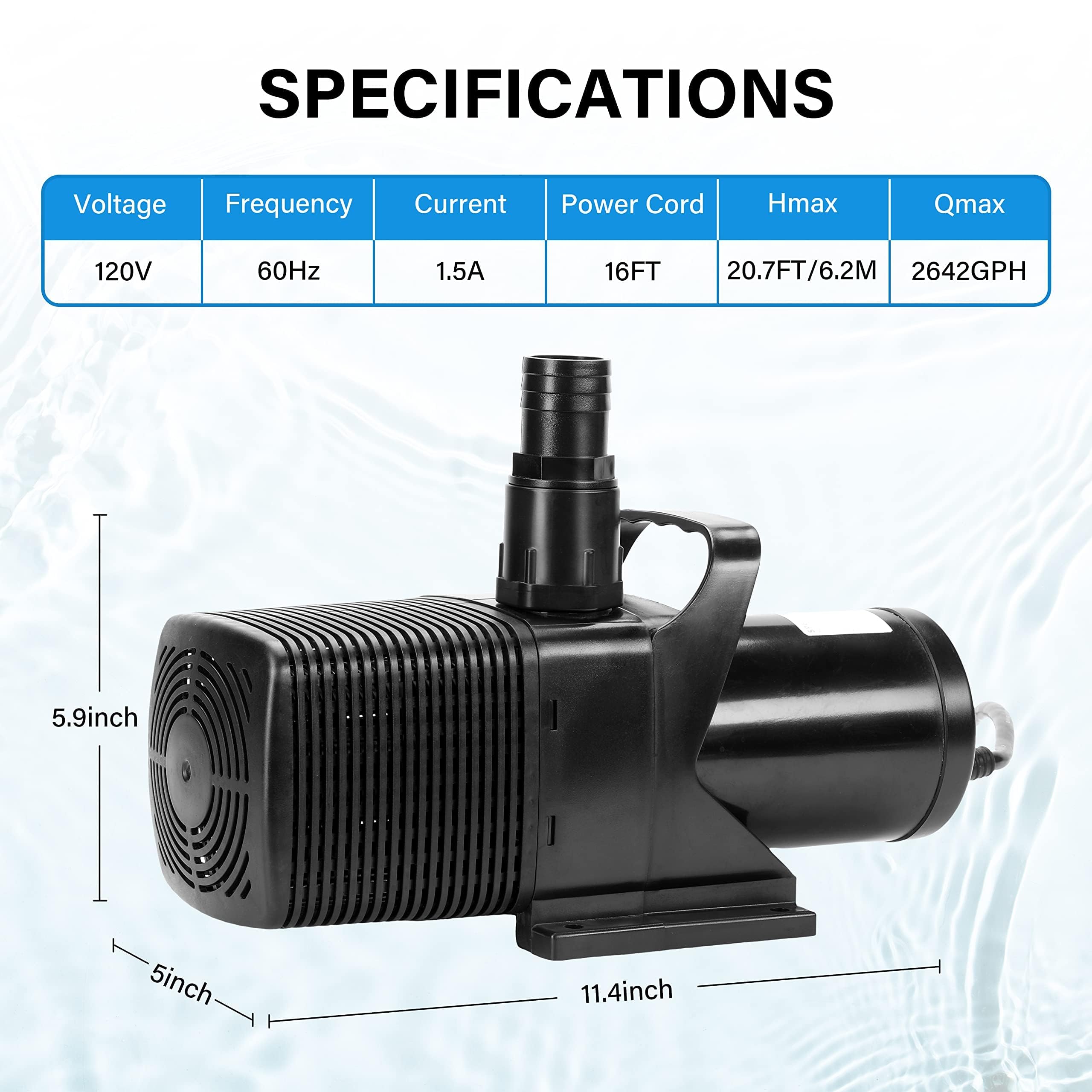 Simple Deluxe 180W 2642GPH Submersible Water Pump(10000L/H), Ultra Quiet(20.7ft High Lift), with 16ft Power Cord for Fish Tank,
