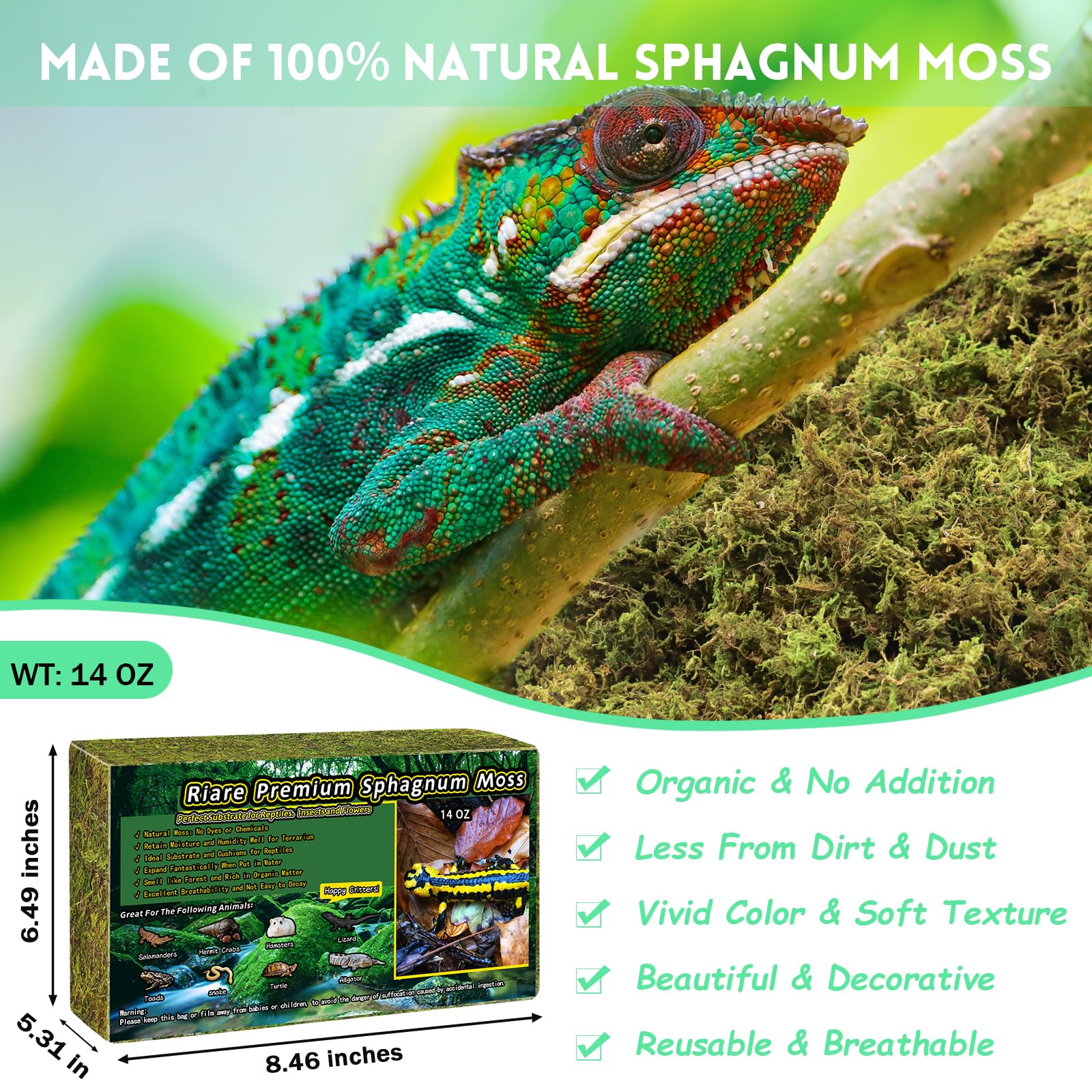 Riare 14 OZ Premium Sphagnum Moss for Reptiles- 20QT Natural Live Moss Reptile Moss Bedding for Terrarium, Hatching, Forest Spha
