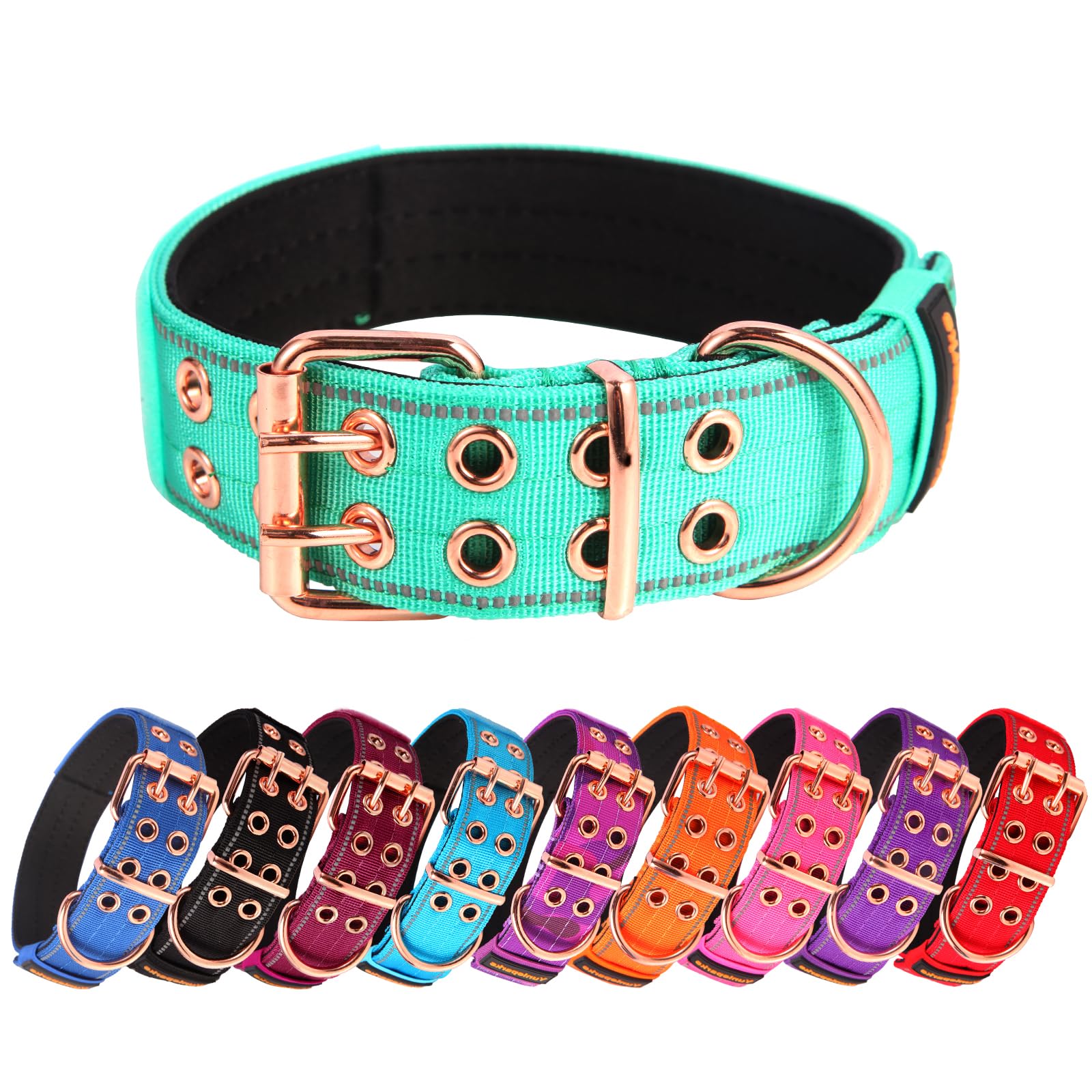Yunleparks Heavy Duty Tactical Dog Collar With Neoprene Padded And Metal Buckle, Reflective Nylon For Medium To Large Dogs(Teal,