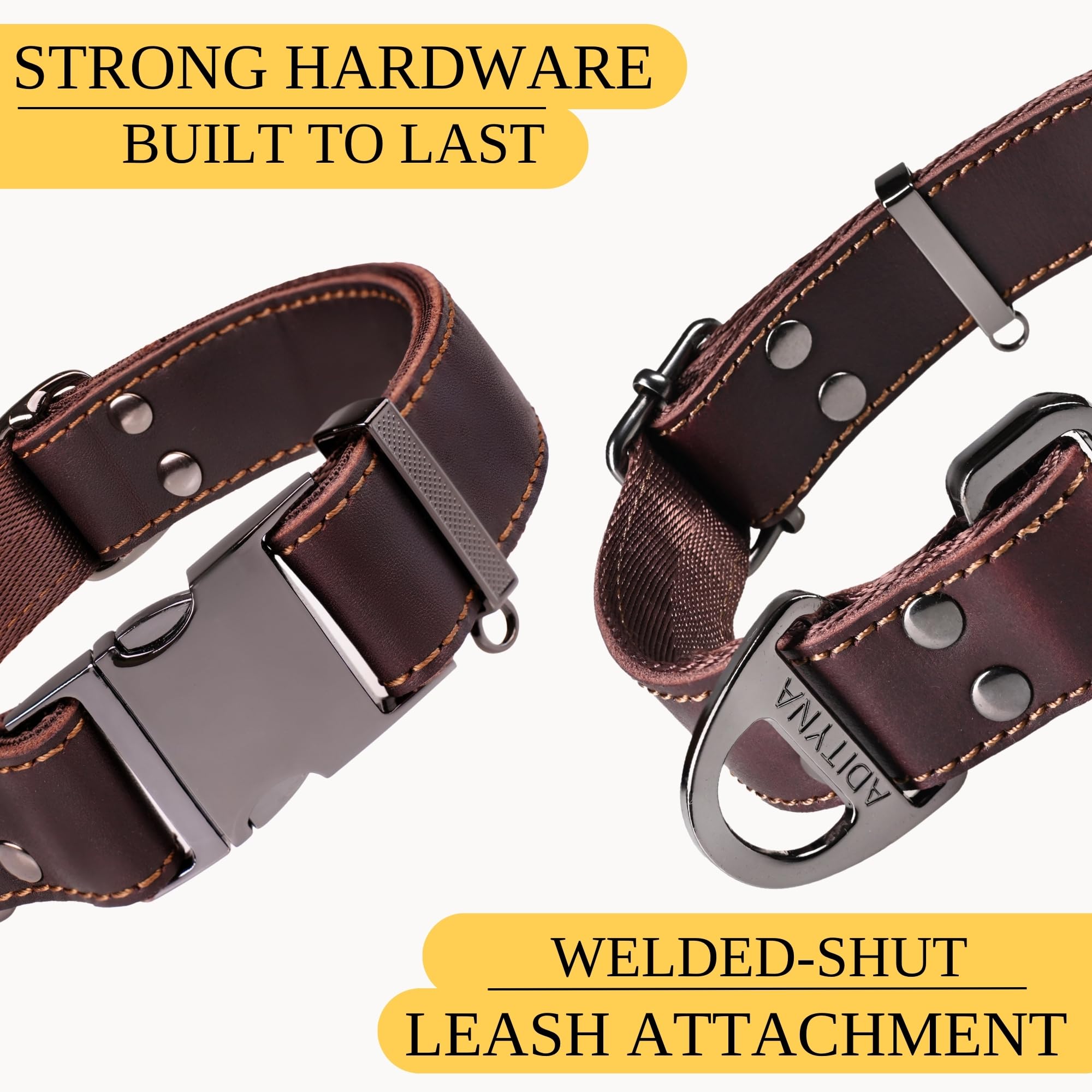ADITYNA Leather Dog Collar with Metal Buckle - Heavy-Duty, Adjustable for Large & Extra Large Dogs - Walking & Training (Brown,