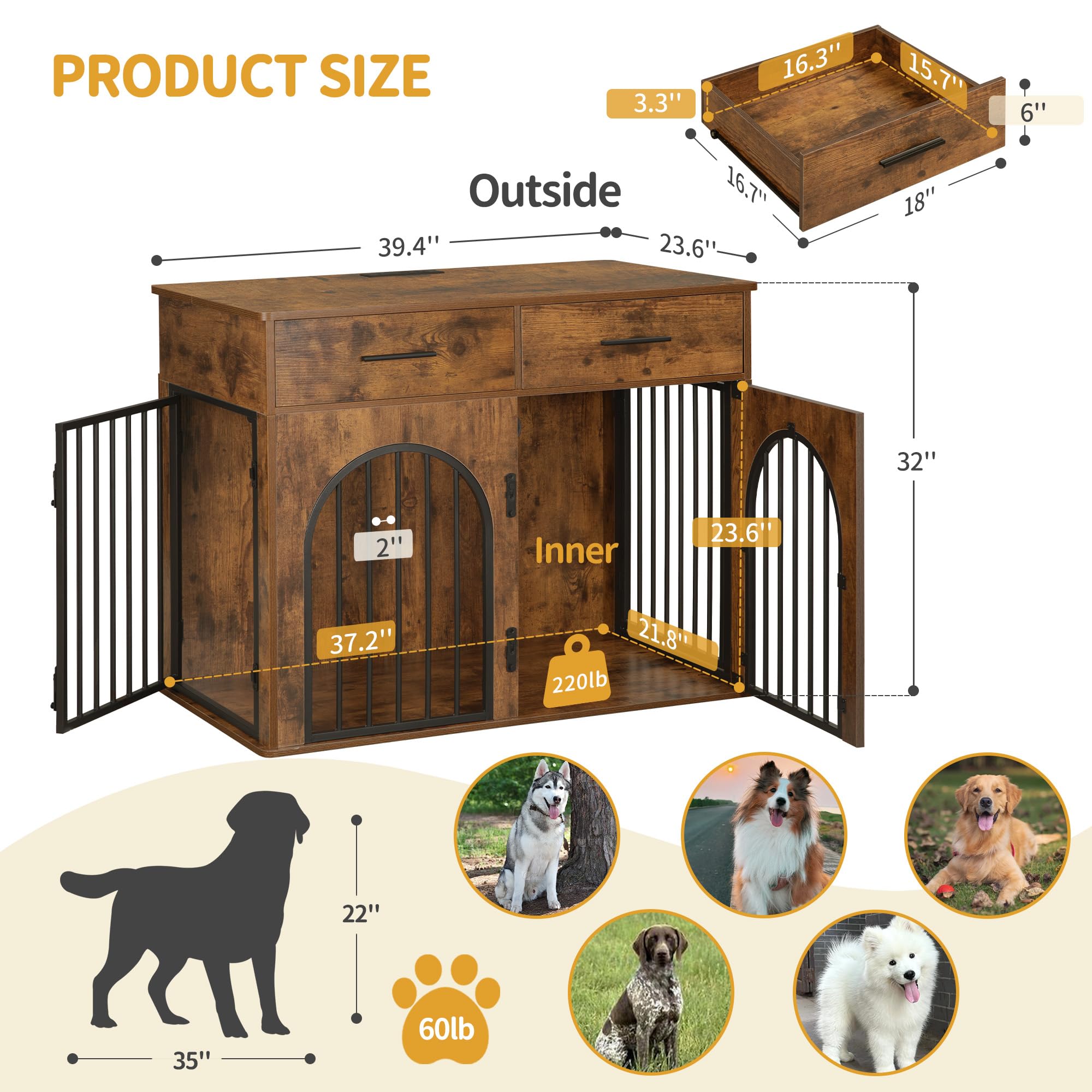 Hzuaneri 39.4 Dog Crate Furniture with 2 Drawers, Indoor Dog Kennel with Charging Station, Wooden Dog Cage Side End Table Kenn