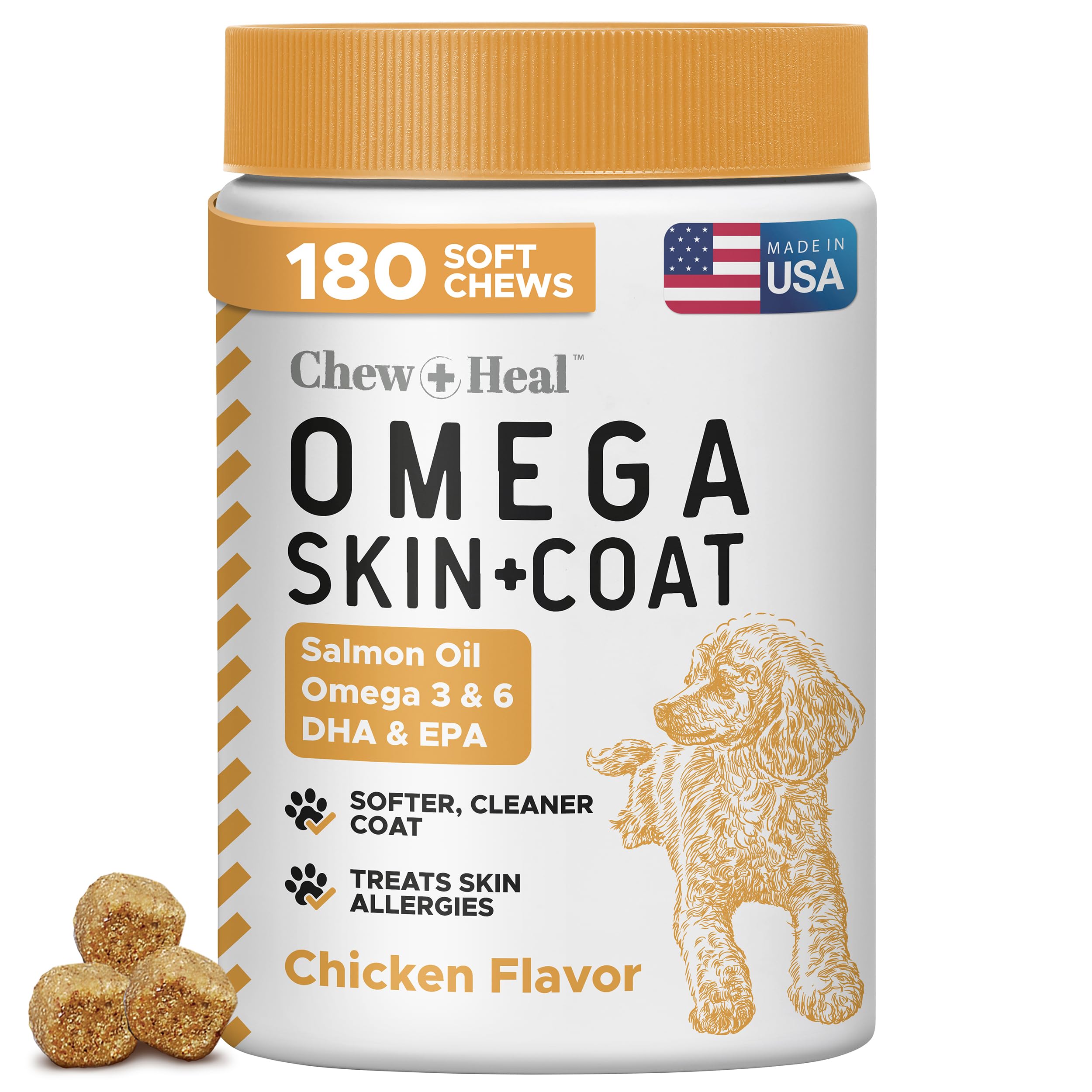 Salmon Oil for Dogs - 180 Soft Chew Omega Treats for Skin and Coat - Fish Oil Blend of Essential Fatty Acids, Omega 3 and 6, Vit