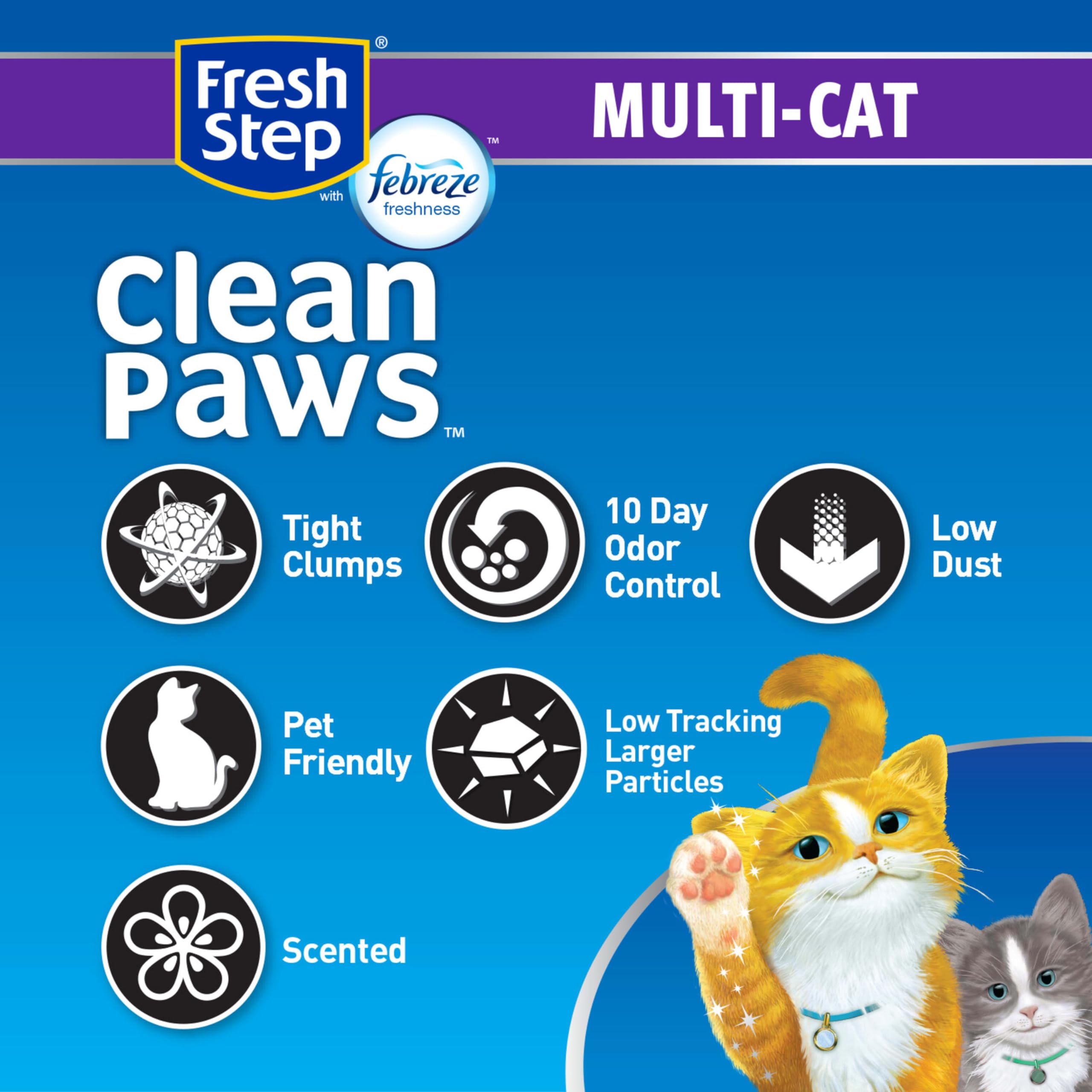 Fresh Step Clean Paws Cat Litter With Febreze Freshness, Multi-Cat Low-Tracking Clumping Litter With Guaranteed Odor Control, 22.5 Lb. Box