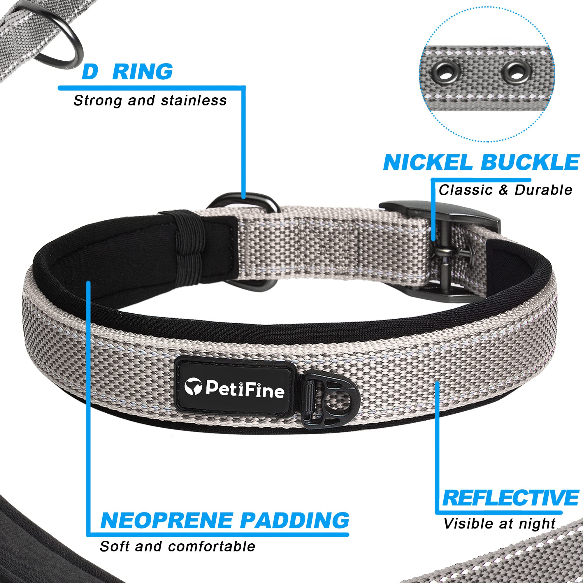 Petifine Neoprene Padded Dog Collar, Heavy Duty Comfort Dog Collar With Durable Metal Buckle, Reflective Adjustable Belt Buckle Dog Collars For Small Medium Large Dogs(11?14.5? Grey)