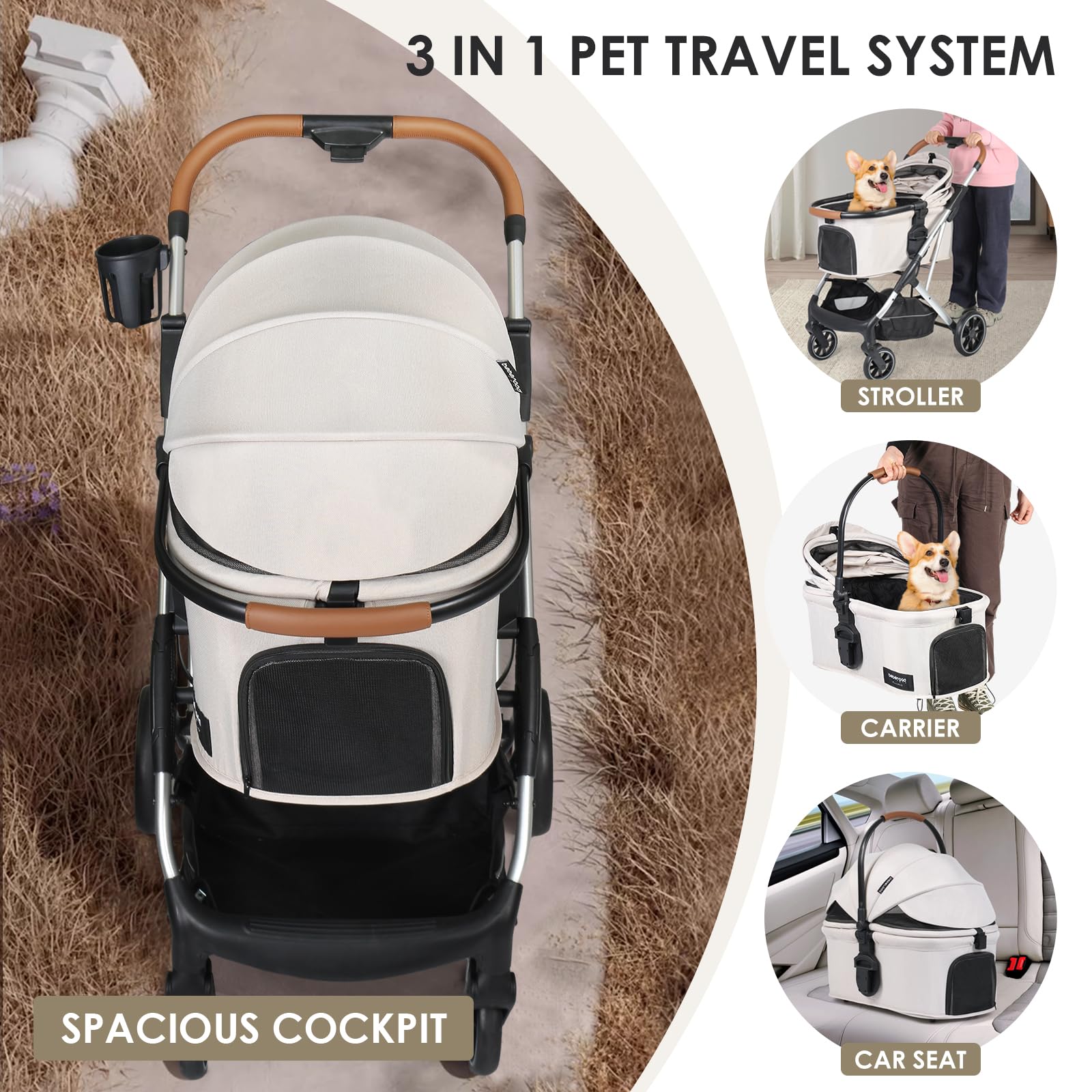 Beberoad Pets T6 Luxury Pet Stroller For Medium Dog Under 66Lbs Or 2 Small Dogs & Cats, Foldable And Carrier -Detachable (Beige)