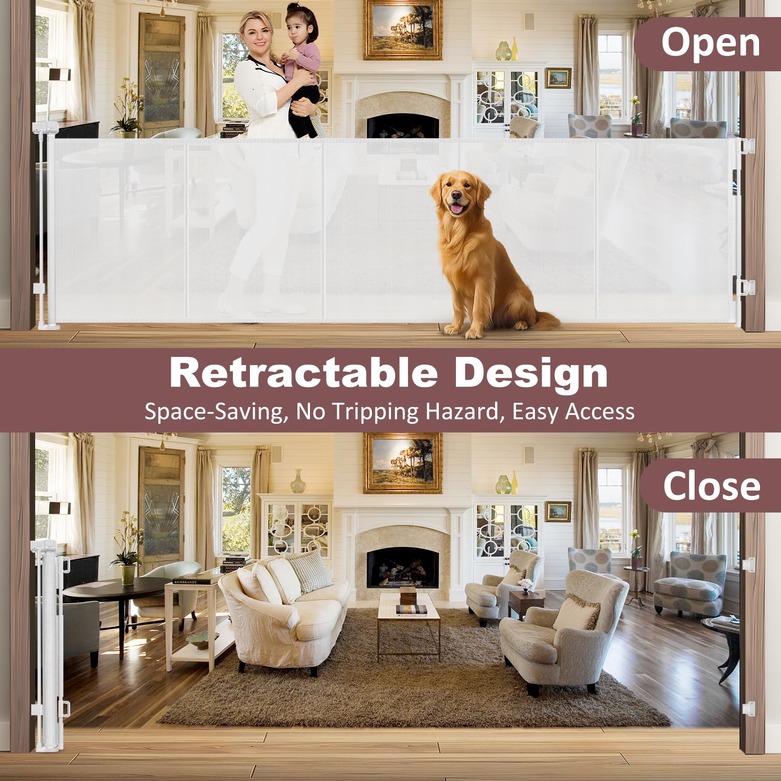 Reinforced 41'' Extra Tall Retractable Baby Gates Extra Wide 120'' Retractable Dog Gate with Support Rods, Indoor Mesh Baby Gate