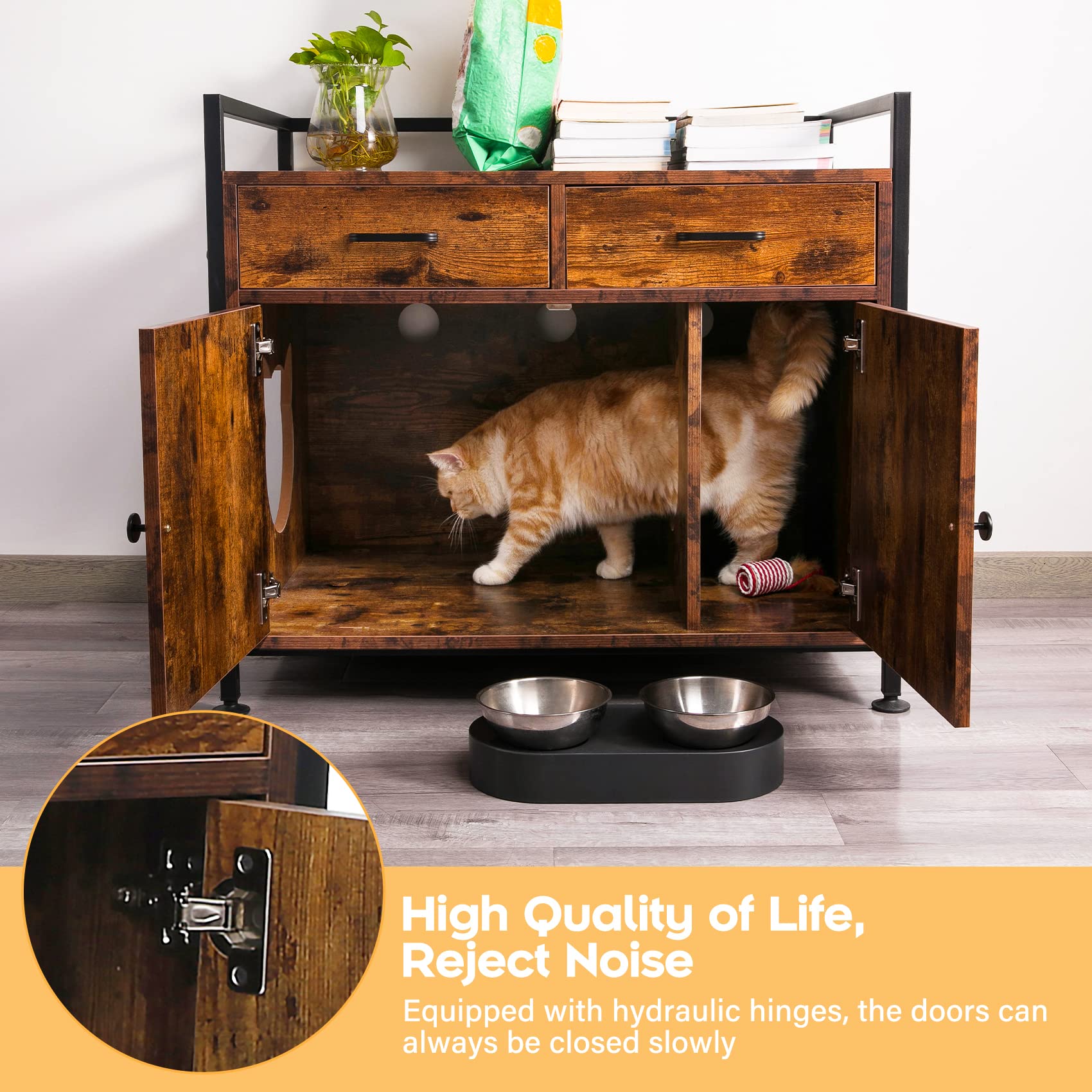 Tengchang Large Cat Litter Box Enclosure Cabinet, Hidden Cat Washroom House Box Pet Cates With Double Drawers & Doors