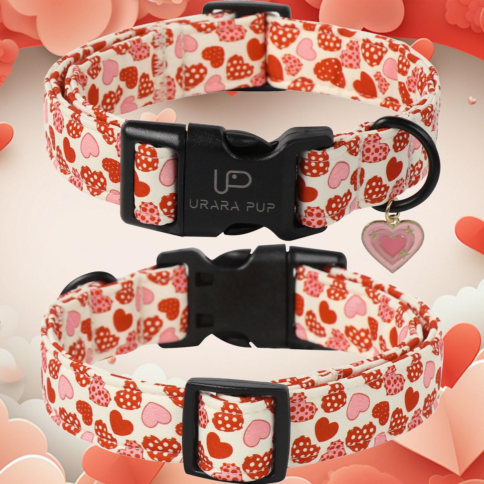 Up Urara Pup Valentines Dog Collar, Red Heart Dog Collar With Quick Release, Sweet Valentines Gift Pet Girl Boy Dog Collar For P