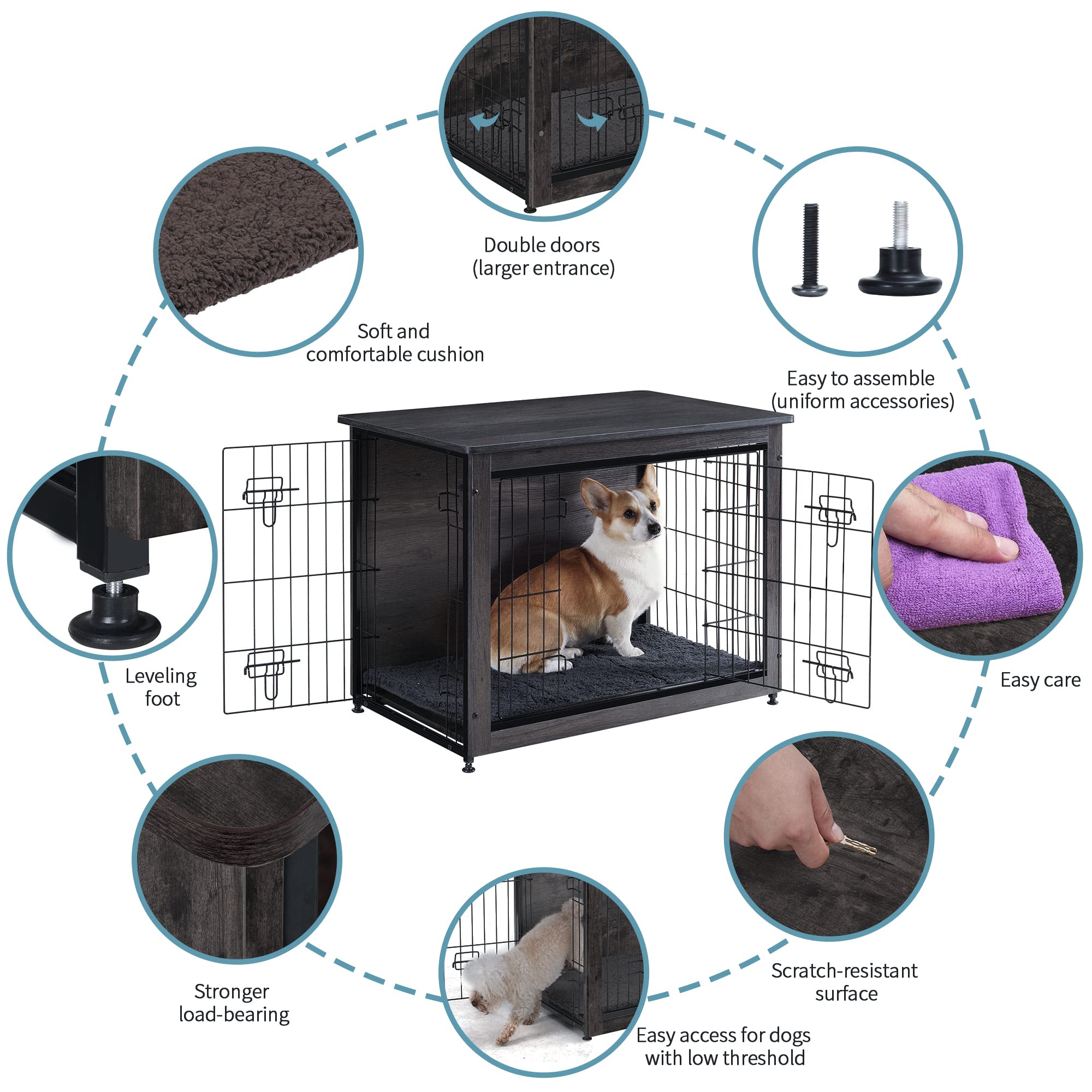 DWANTON Dog Crate Furniture with Cushion, Wooden Kennel Table with Double Doors, Indoor Dog House, Medium Size, 32.5 L, Dark Gra