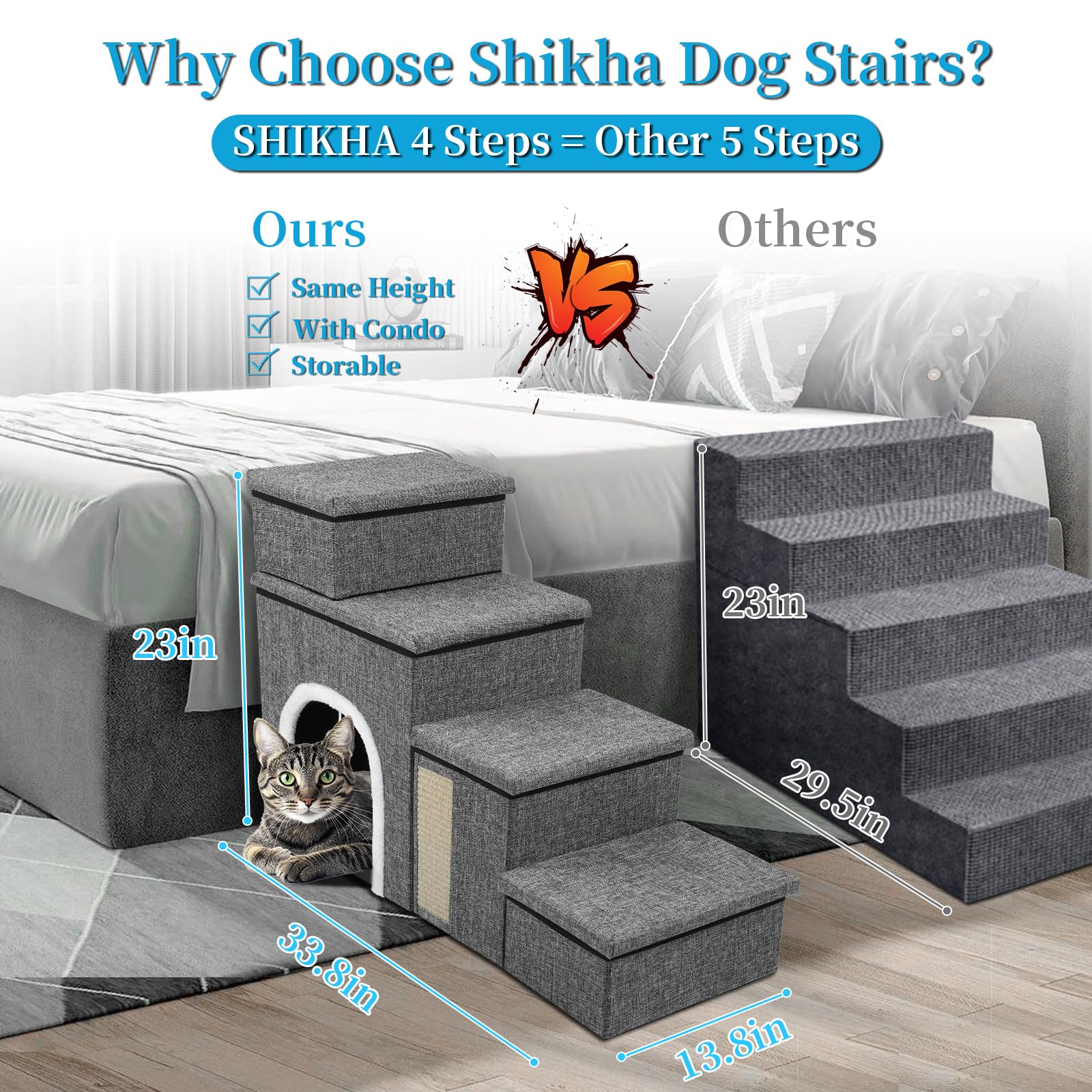 Dog Stairs For Bed And Couch 23H, Foldable Dog Stairs For Small Older Dogs, 4 In 1 Adjustable Pet Cat Steps Ramps With Storage,