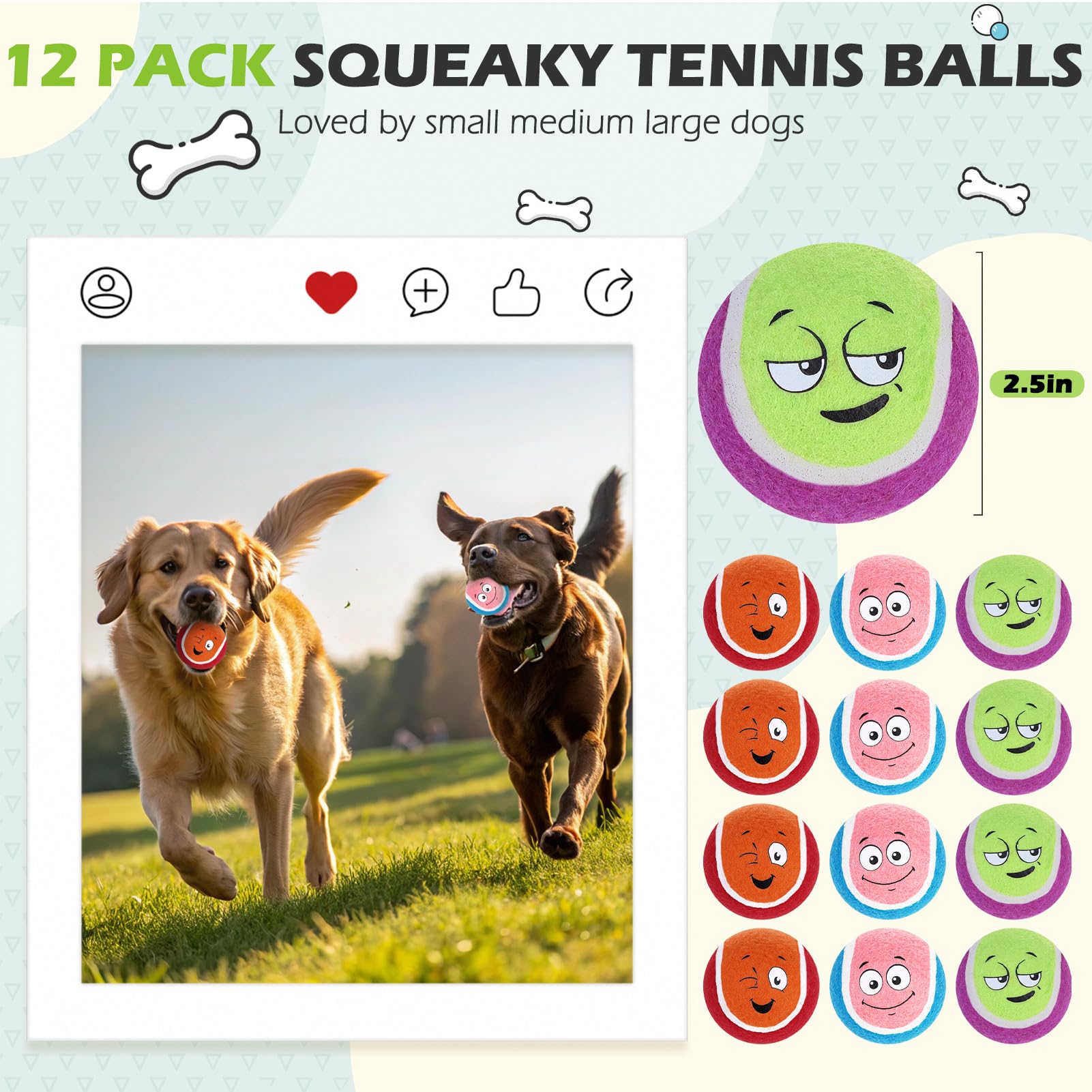 Expawlorer Tennis Balls For Dogs,12 Pack Squeaky Dog Balls For Play Exercise And Training,Funny Smile Face Interactive Dog Float
