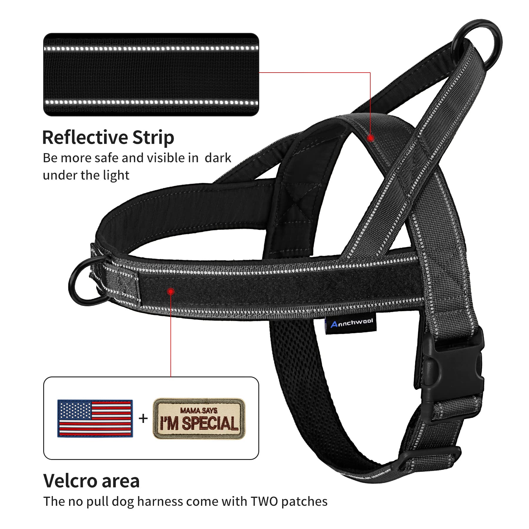 Annchwool No Pull Dog Harness with Padded Handle & 5 Ft Leash, Reflective, Escape Proof, Size S, Black Set, Model DH-DL-01Bk-S