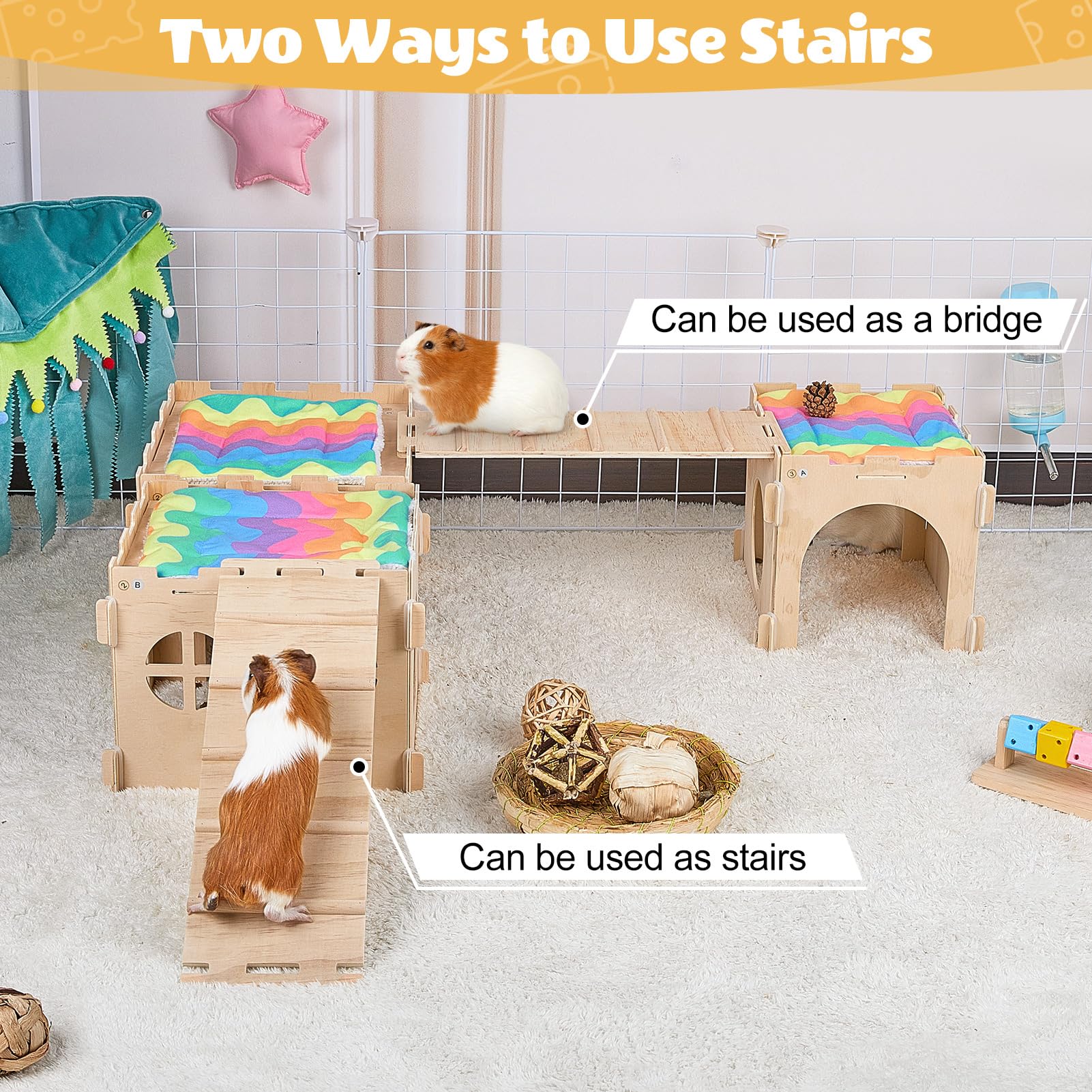 Guinea Pig Hideout, Guinea Pigs House with Stairs and Mats Extra Large Guinea Piggy Castle Detachable Hideouts for Small Animals