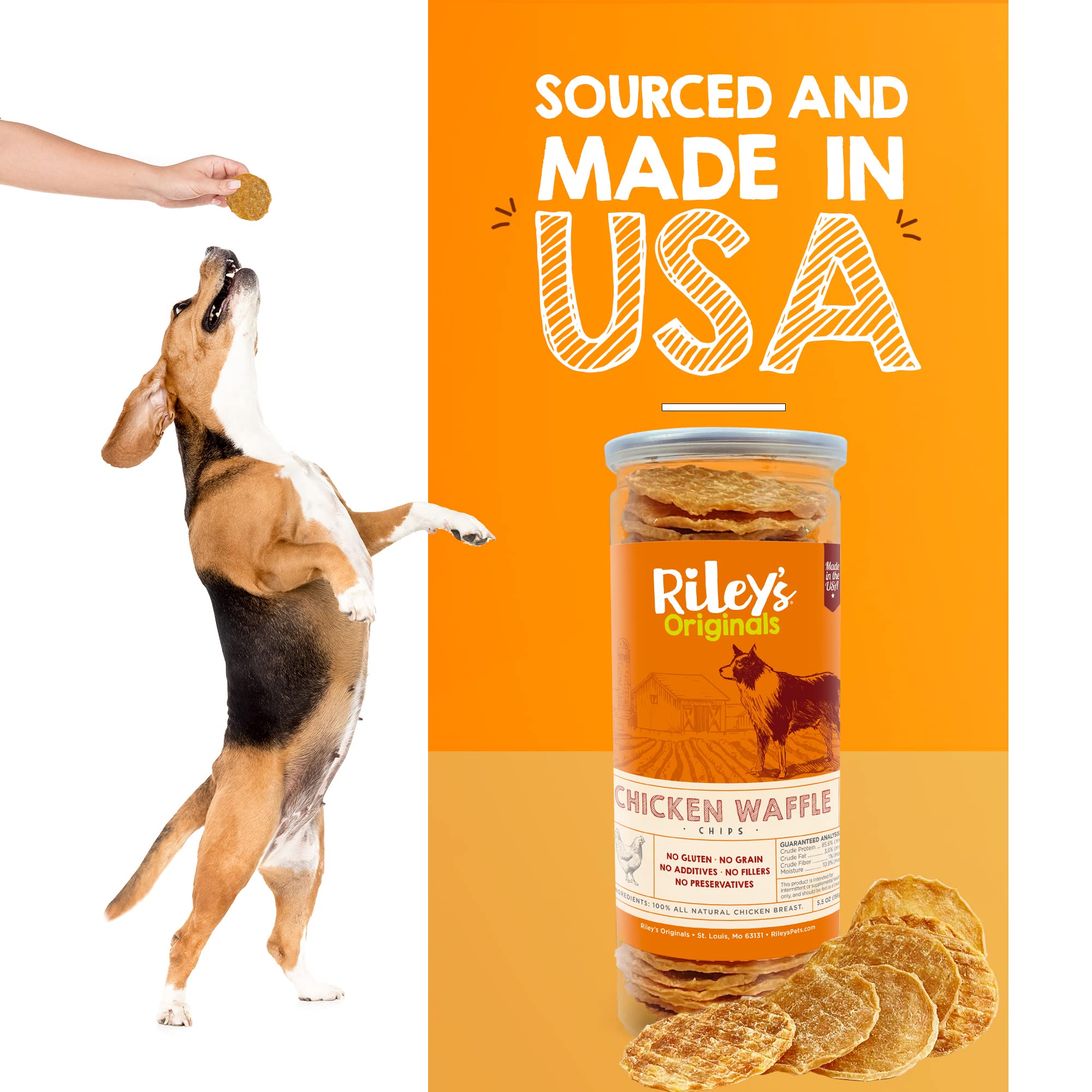 Rileys Waffles Chicken Chips for Dogs - USA Sourced Chicken Dog Treats Single Ingredient Healthy Dog Treats - Dehydrated Chicke