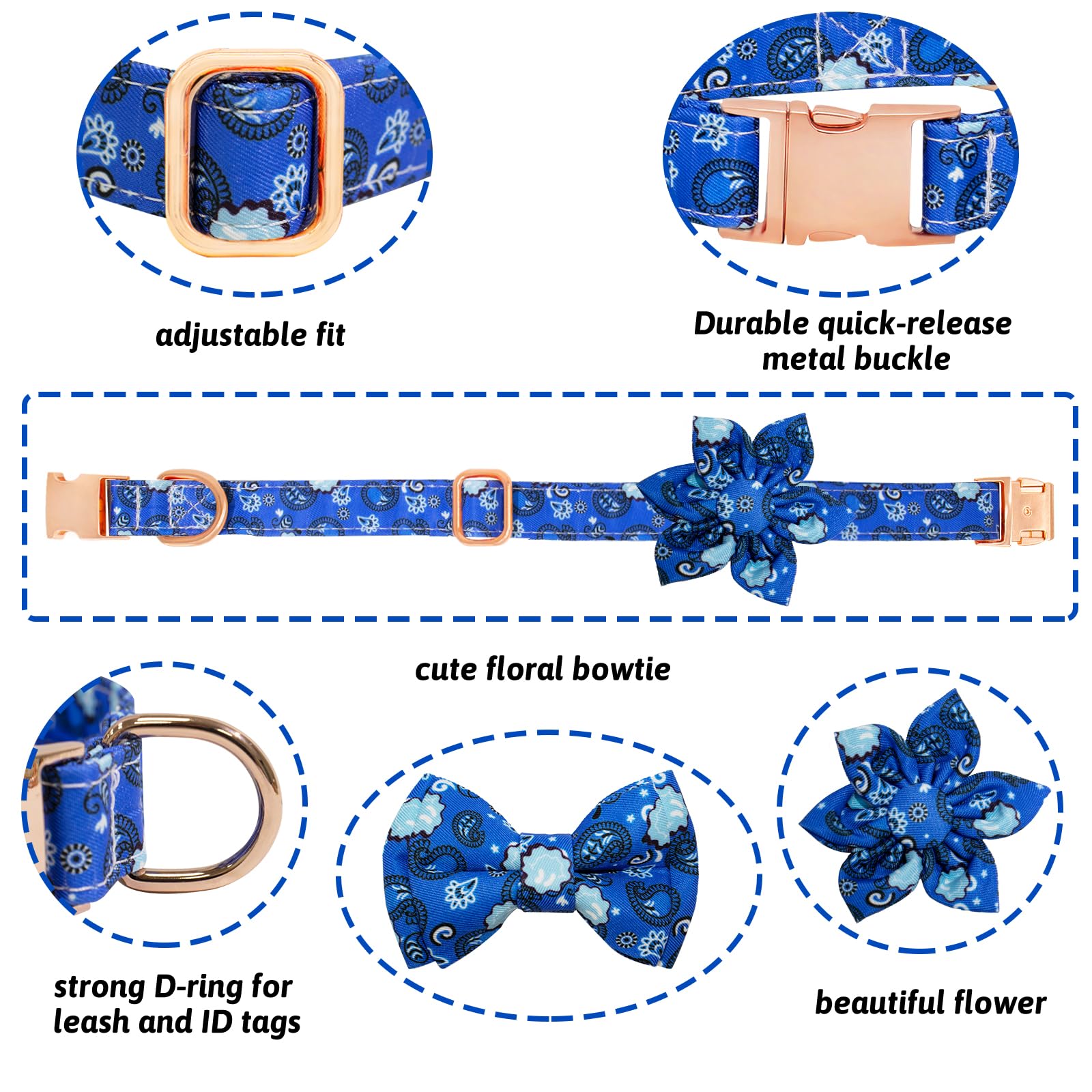 HSIGIO Dog Collar and Leash Set Girls Adjustable Puppy Collars with Floral Bow Tie for Small Medium Large Female Dogs, BluePaisl