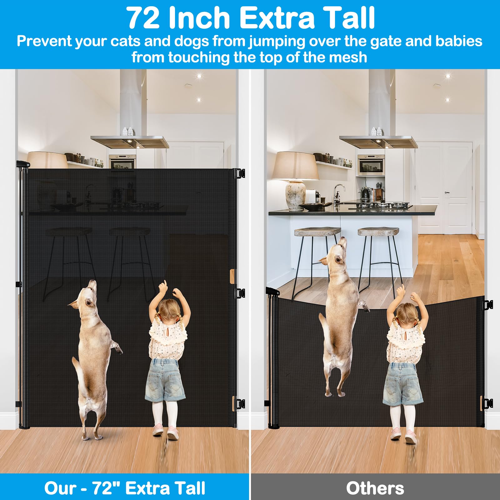 72 Inch Extra Tall Retractable Dog Gate 55 Inch Wide Extra Tall Retractable Baby Gates for Doorways 6 Foot High Baby Gate for Ca