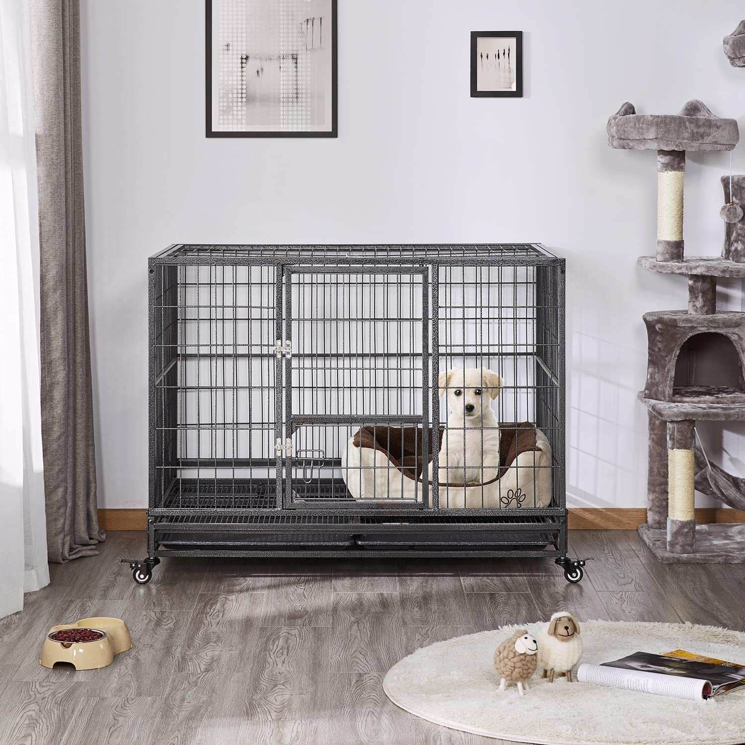 Yaheetech Heavy Duty Metal Dog Crate, 43" XL Collapsible Kennel with Double Doors, Lockable Wheels, Hammertone Black