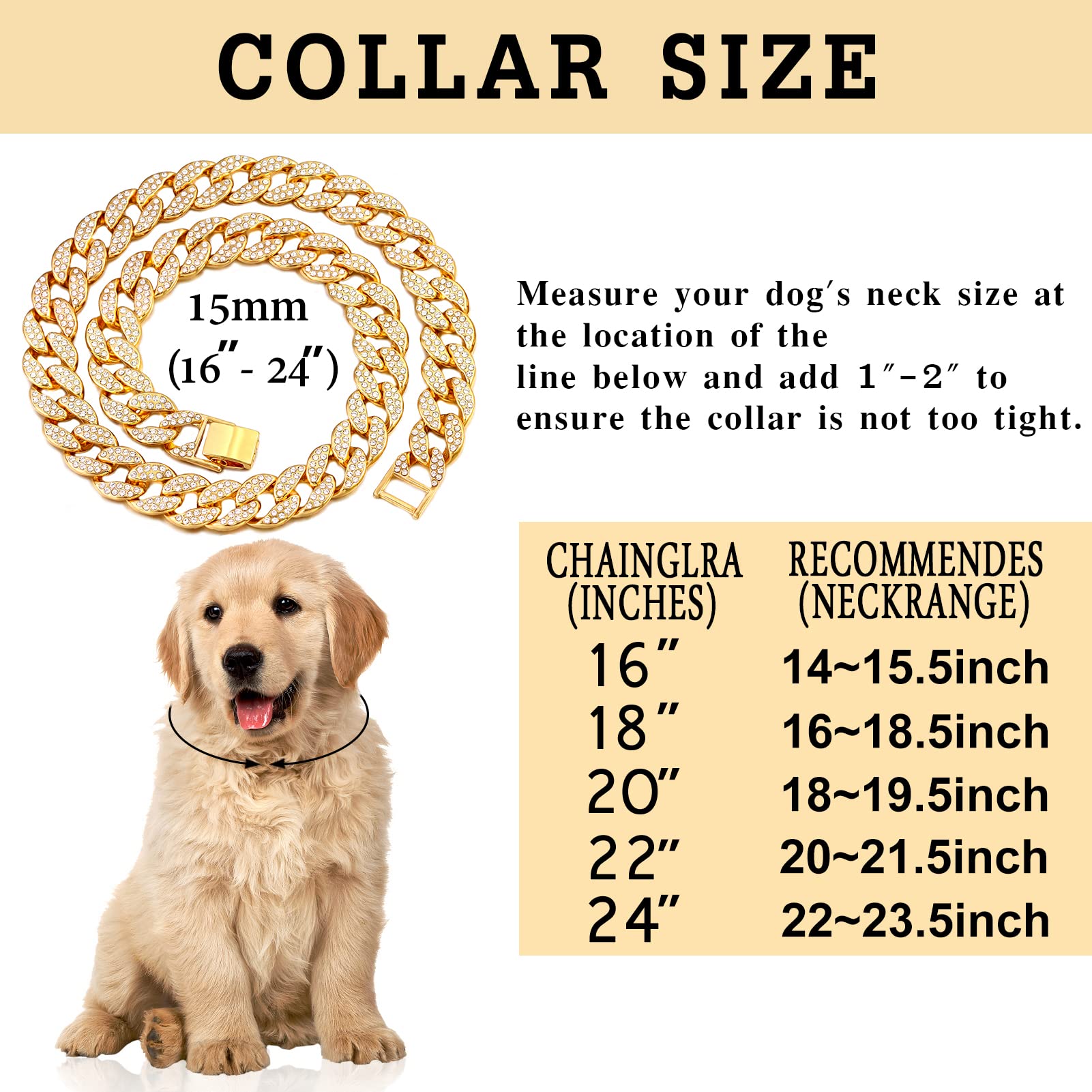 Flatfoosie Gold Dog Chain Collar Diamond Cuban Link Durable Dog Chain Collar For Outside Walking Secure Buckle Dog Gold Chain For Small Medium Large Dogs Cats (22Inch, Gold)