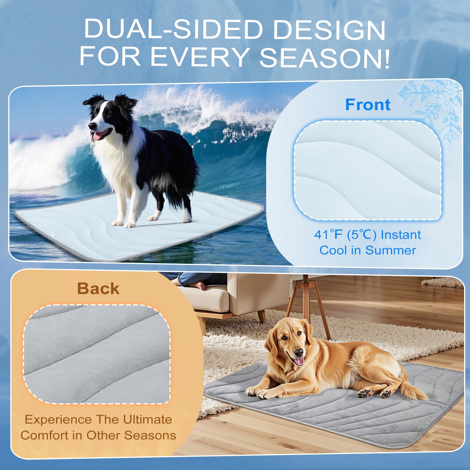 Cozyide Dog Cooling Mat, Medium Cooling Mat For Dogs, Reversible Pad For Dog, 36'' L X 23'' W,Ocean Blue