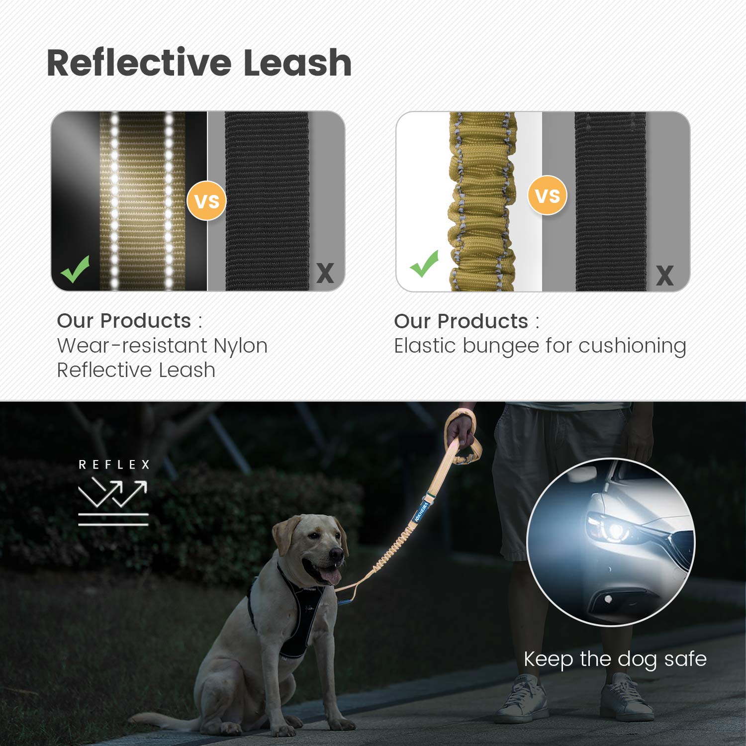 Iokheira Multifunctional Dog Leash - 4-6 Ft Strong Bungee, Car Seatbelt Compatible, Army Green