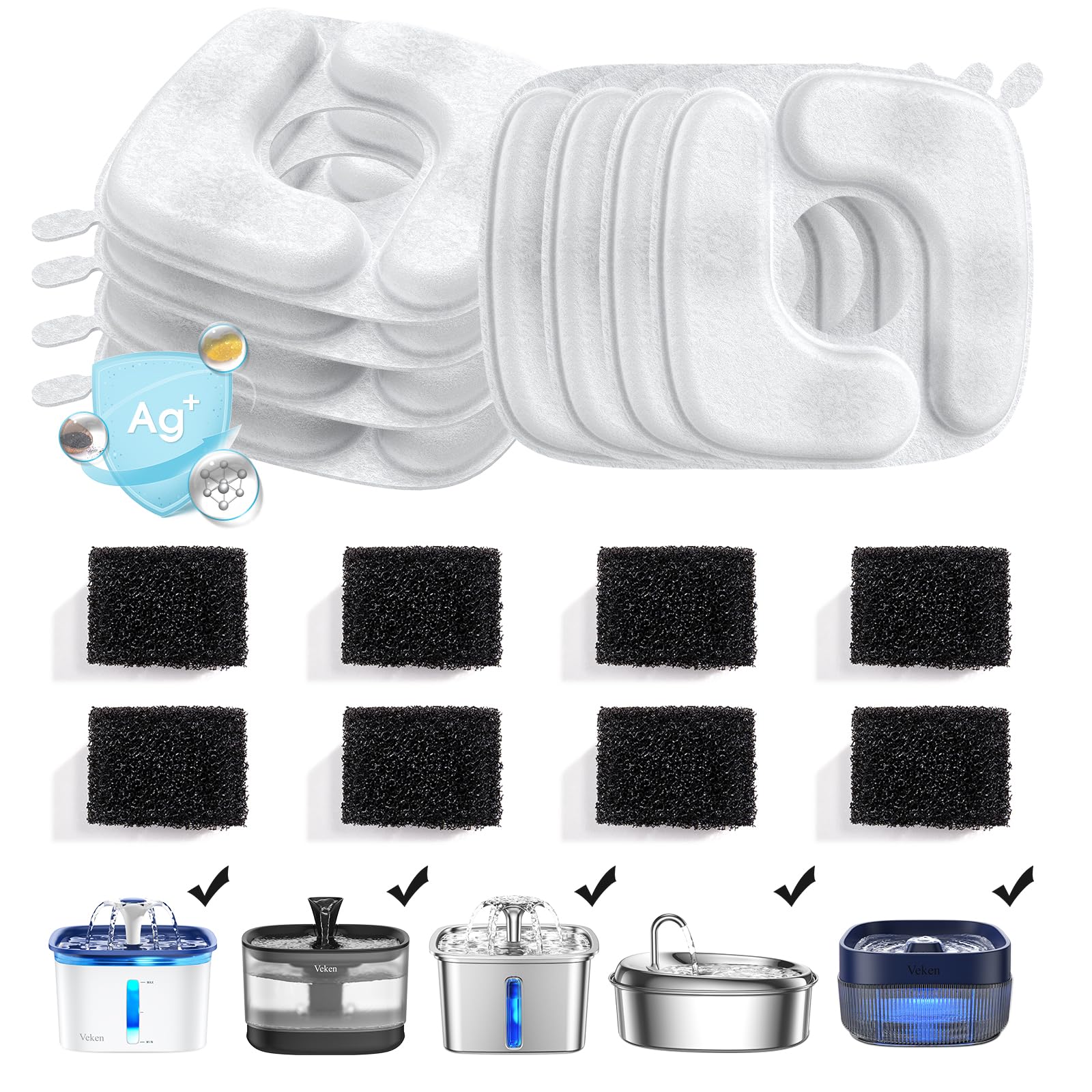 Veken Cat Water Fountain Filters, 8 Pack Replacement Filters & 8 Pack Replacement Pre-Filter Sponges Set for 50oz, 84oz, 95oz Au
